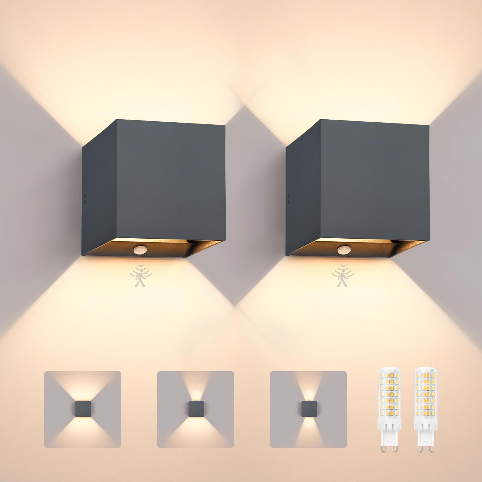 YindaLux 2 Stück LED Aussenlampe mit Bewegungsmelder, IP65 Wandleuchte Innen/Außen, mit Austauschbarer G9 LED 3000K, Up Down Licht mit Einstellbarem Abstrahlwinkel, für Flur, Terrasse, Anthrazit