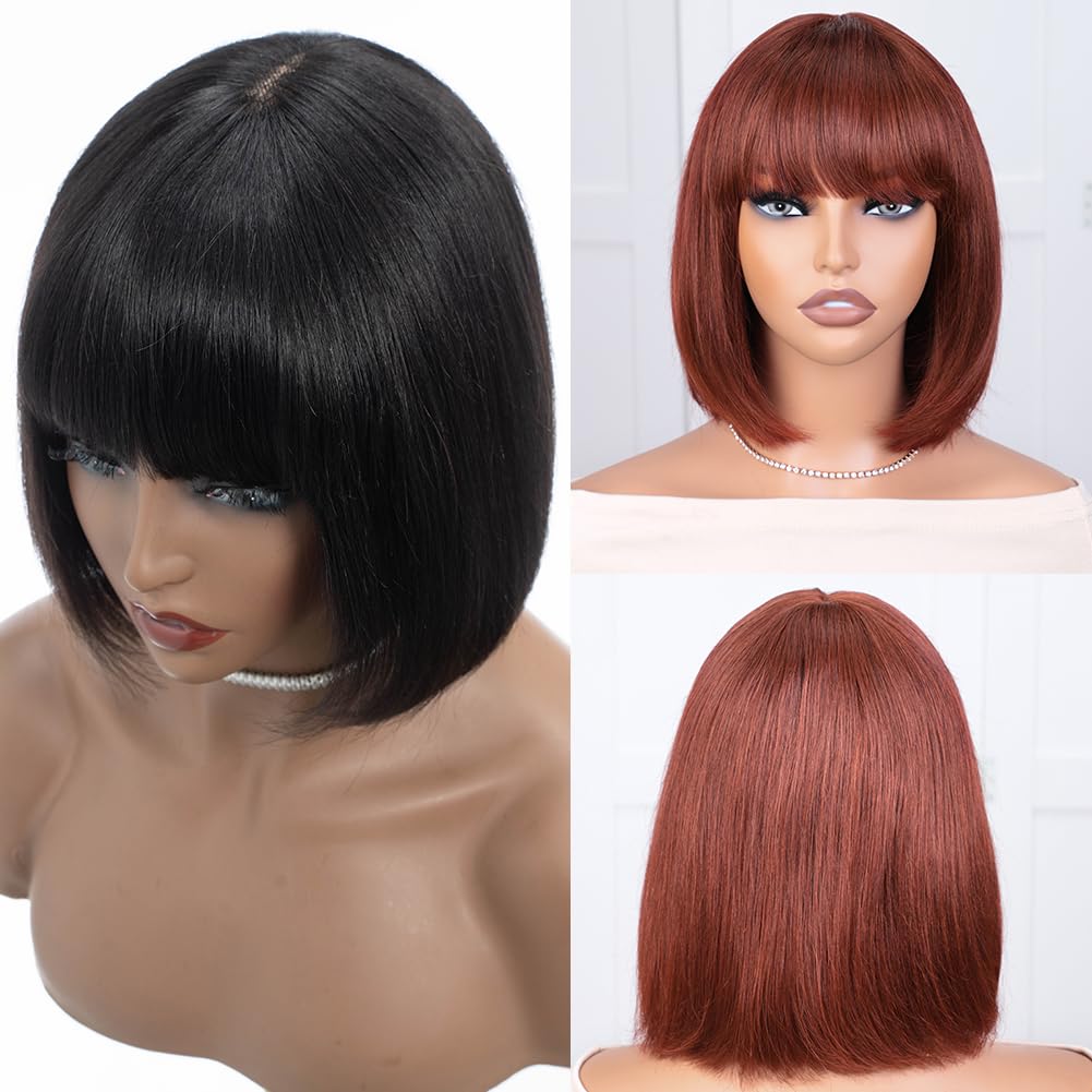 Bob Human Hair Wig With Bangs For Women Hd Top Lace Glueless Short Straight Bob Wigs 2x1 Lace Scalp Machine Made Wig (33A, 10 inches)