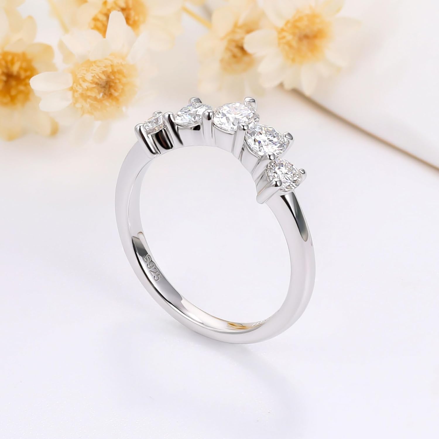 Moissanite Wedding Band for Women 5 Stone Stackable Moissanite Half Eternity Ring Curved 18K White Gold Plated 925 Sterling Silver Round Cut D Color VVS1 Guard Enhancer Size 4-11 - Image 2