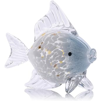Large Mouth Blown Glass Fish Figurines Tropical Decor Sea Glass Art Blue White Fish Statue Sculpture Modern Home Decor Accent