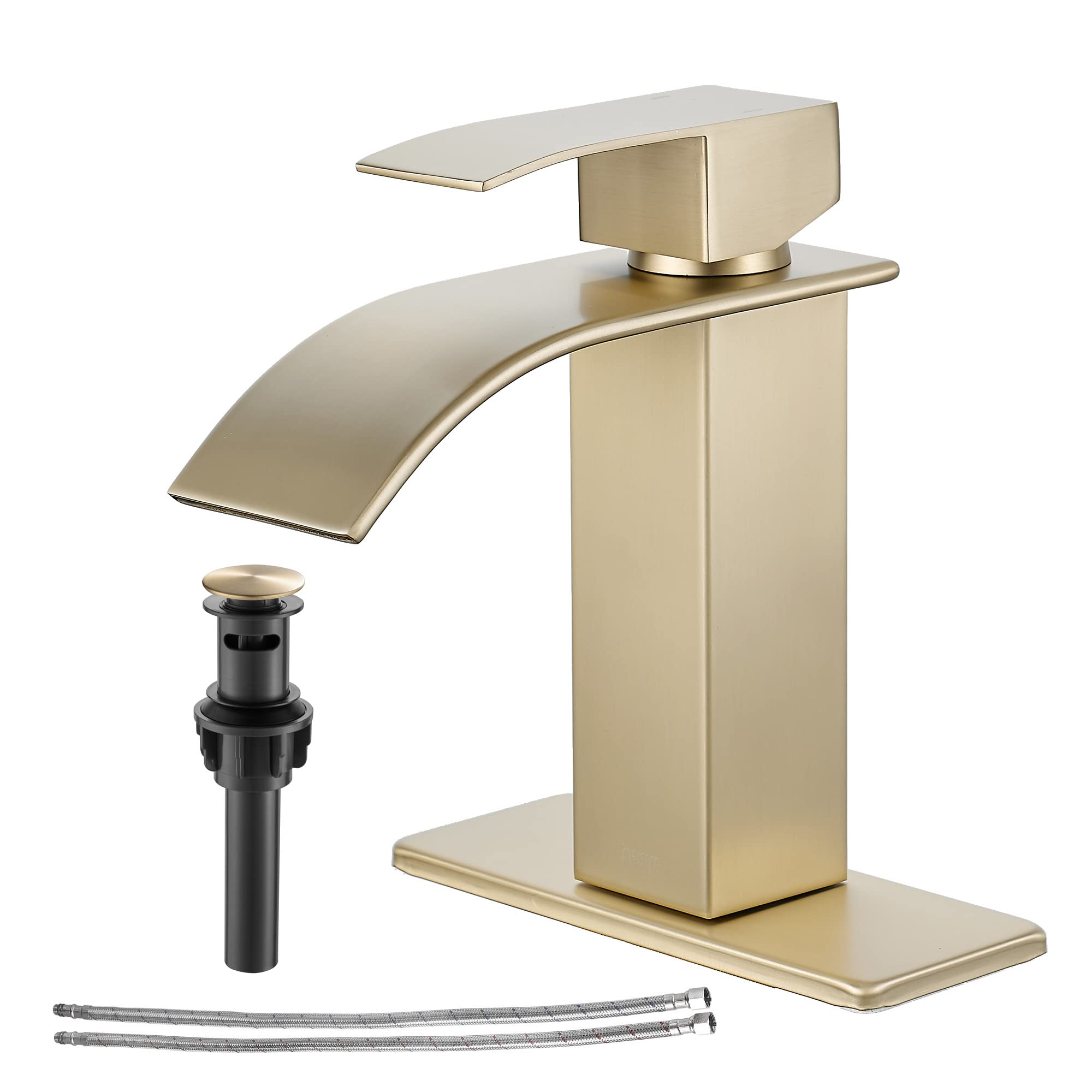 FBUKE Gold Bathroom Faucet - Waterfall Brushed Gold Bathroom Faucet, Single Hole Sink Faucet with Drain and 3 Hole Cover Plate, 304 Stainless Steel