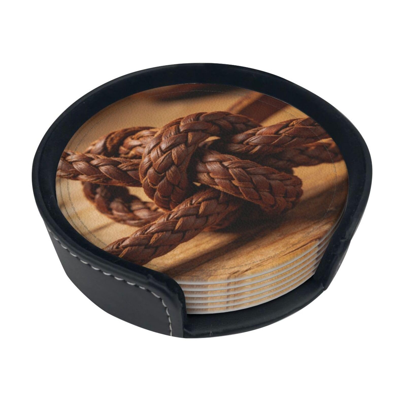 Cowboy Rope Knot Leather Coasters-Set of 6 with Storage Holder