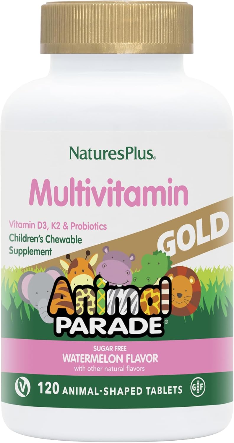 Natures Plus Animal Parade Gold Multivitamin Children’s Chewables – Watermelon Flavor – 120 Animal-Shaped Tablets – Vitamin D3, K2 & Probiotics – Vegan, Gluten Free – 60 Total Servings