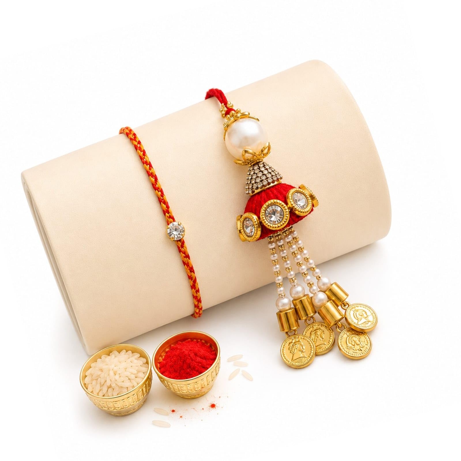 set of 2 bhaiya bhabhi rakhi combo, 1 crystal studded red thread rakhi for brother and 1 matching pearl jhumka hanging lumba with coins and roli chawal, rakshabandhan gift set