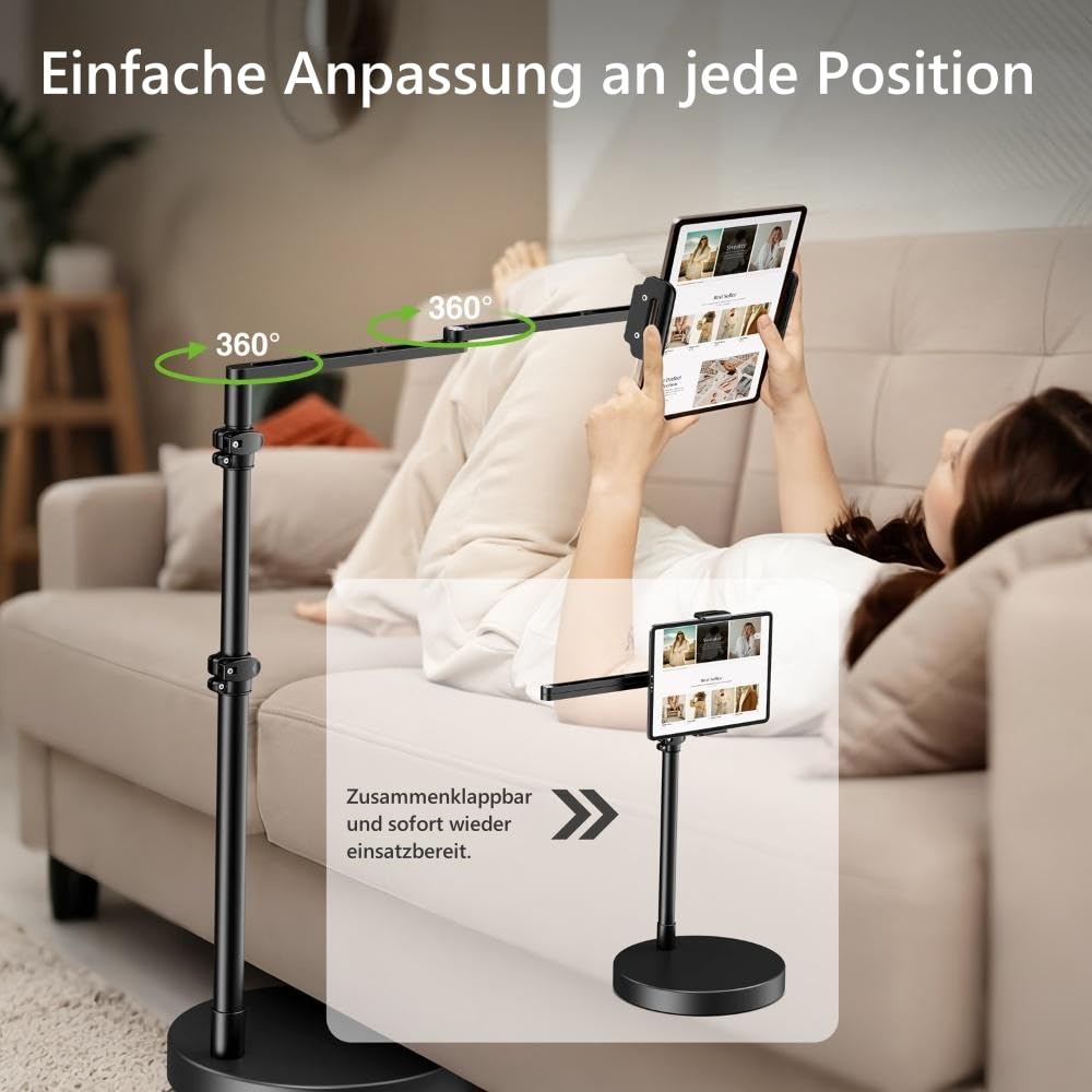 elitehood Verstellbarer iPad Bodenständer mit Schwerlast-Standfuß, 61 cm Horizontaler Langer Arm Tablet Ständer Halterung für Bett & Sofa – Kompatibel mit iPad mini/Air/Pro 12.9" und 4.7-13" Geräten
