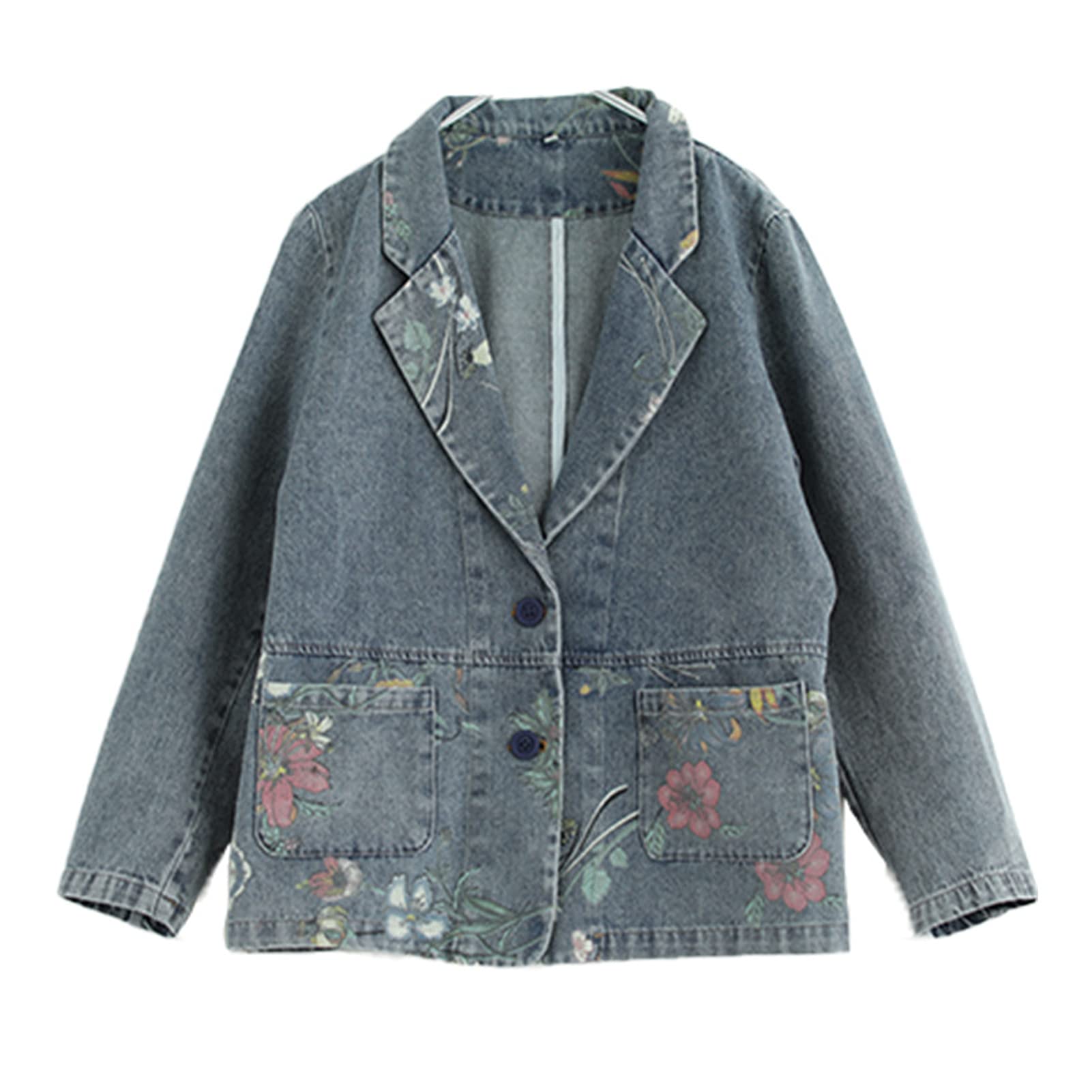 Blazer da donna in denim di cotone, a maniche lunghe, con bottoni da bavero, giacca da lavoro e da ufficio