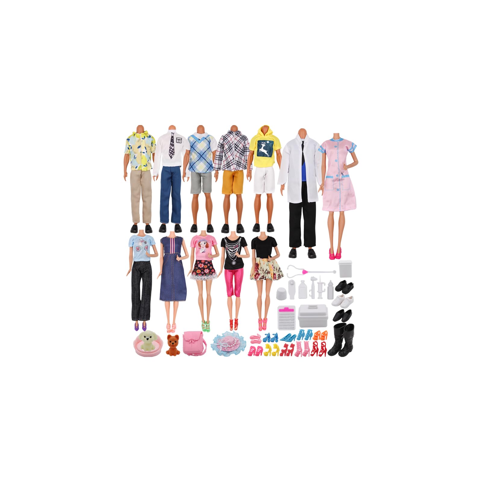 71Pcs Doll Clothes & Accessories for 12 Inch Boy & Girl Dolls - Pet Care Set Includes 25 Wear Clothes, Shirts, Jeans, Suits, Shoes, Pet Doctor Playset, Trolley, Backpack
