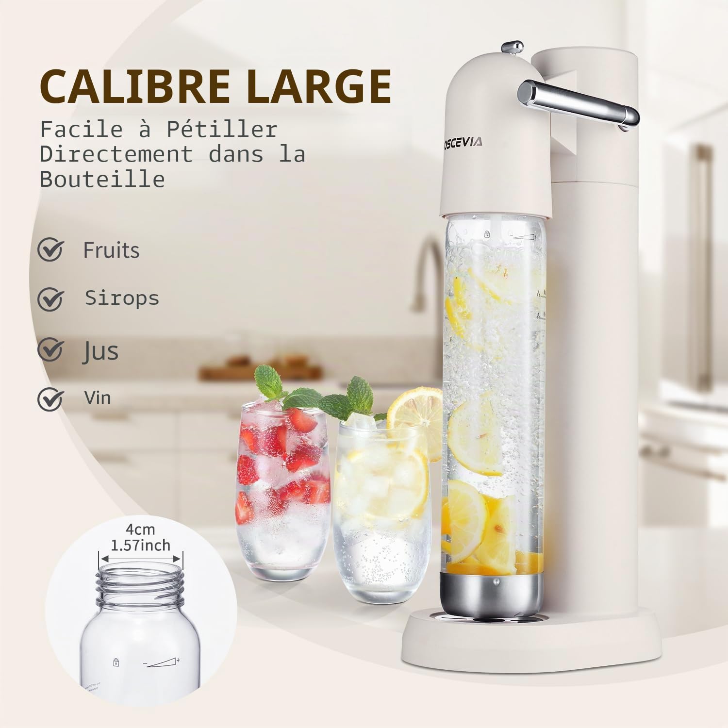Machine à Eau Gazeuse et Soda pour la Maison avec 2 Bouteilles sans BPA (1L + 1L) - Compatible avec Cartouches de CO2 60L (Non Incluses) - Blanc