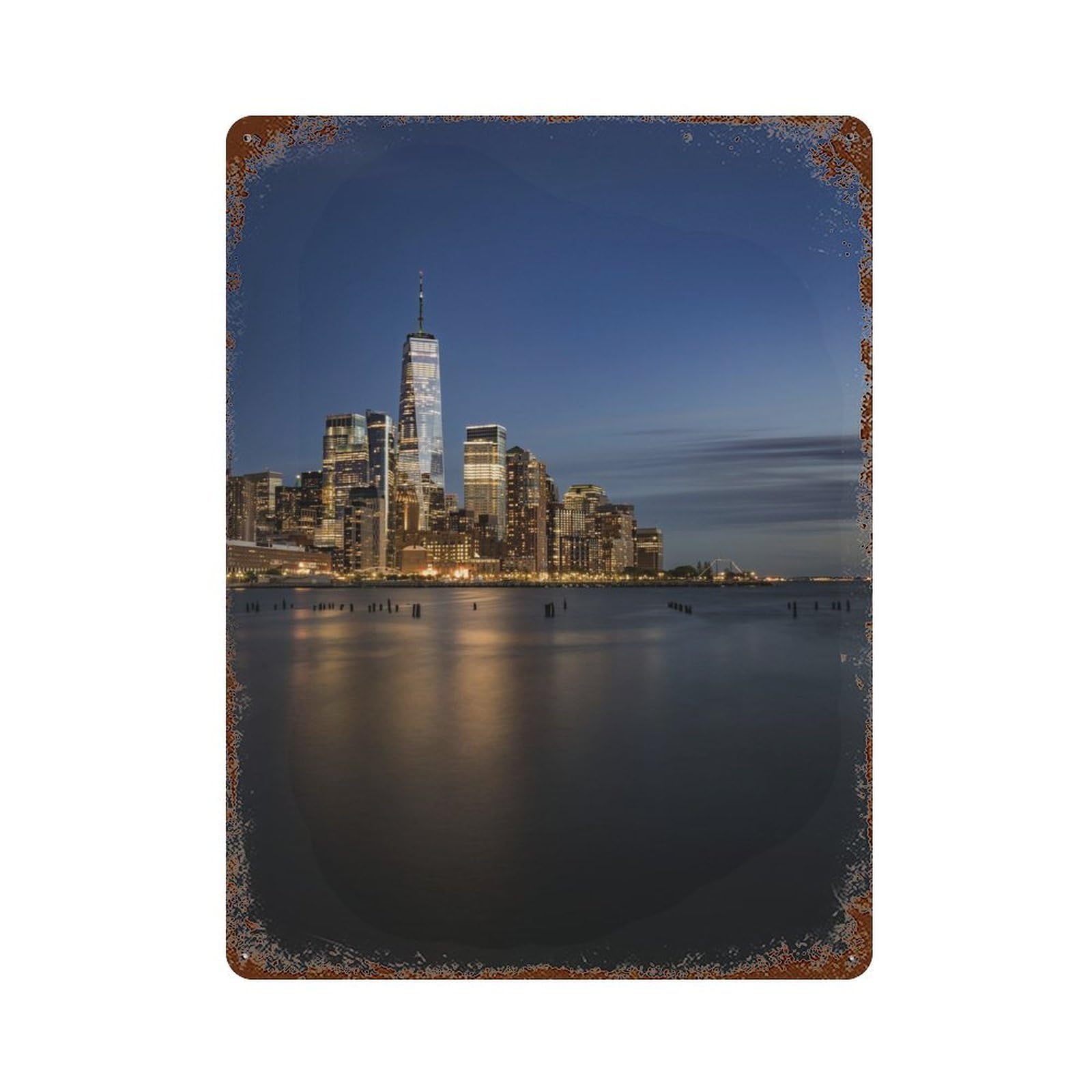 Manhattan Skyline Weathered Tin Sign 15.7"x11.8", for Garage, Bar And Workshop Decor, Vintage Wall Decor