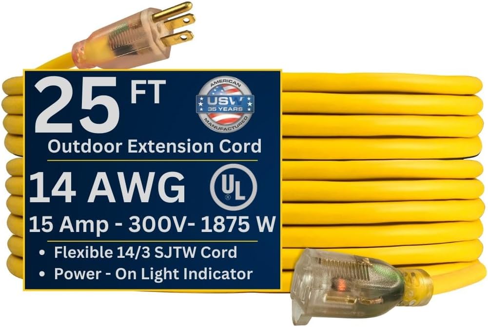 USW 14/3 Gauge x 25-Foot Lighted Heavy Duty General Purpose Extension Cord – 14/3 Gauge, Yellow, Kink-Resistant, Heavy Duty, Power Indicator Light, SJTW, Made in USA