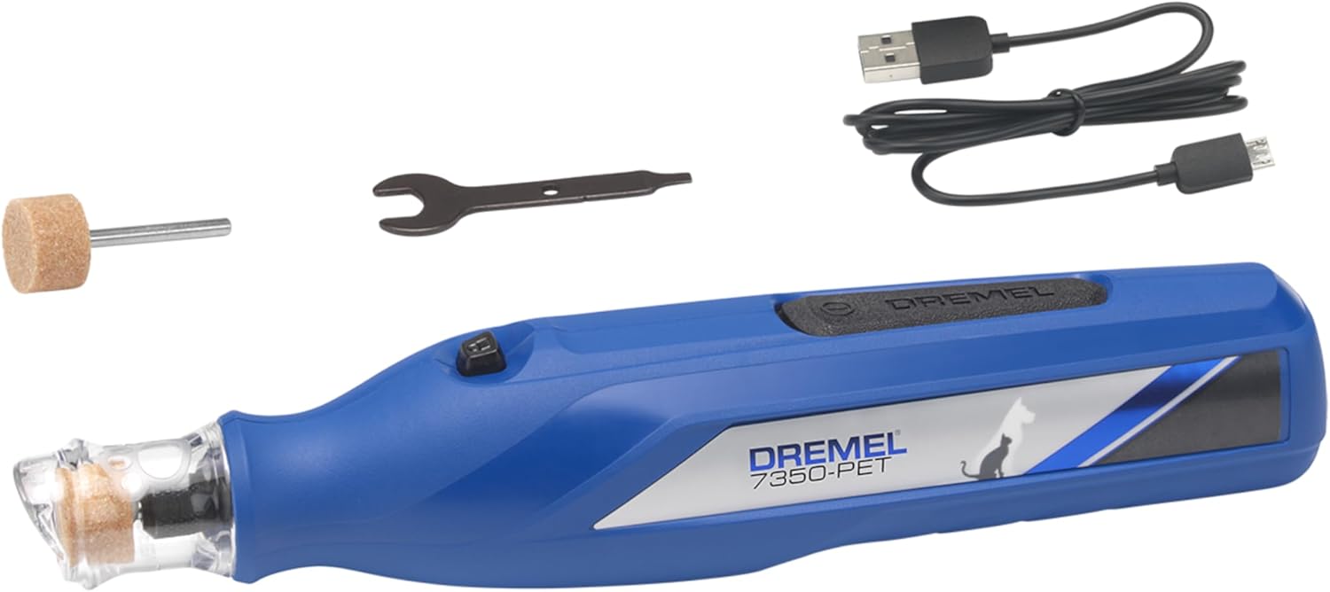 Dremel 7350 Pet 3.6V Cordless Nail File Grinder 1 Speed Easy to Use Safe, Silent, Lightweight Kit with 2 Grind Accessories, 1 Safety Guard and 1 USB Cable for Large, Medium, Small Dogs and Cats
