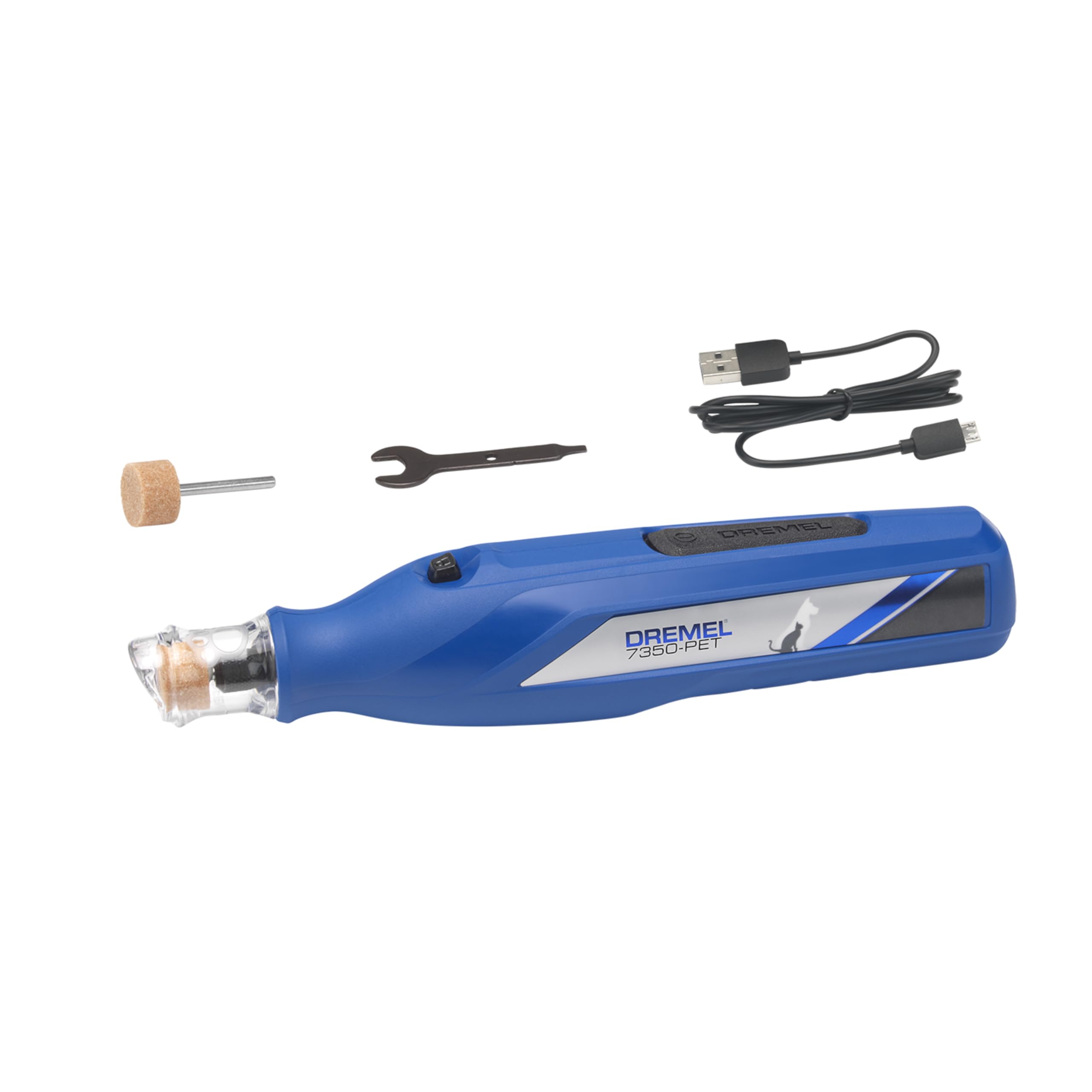 Dremel 7350 PET Krallenpflegese mit 3.6V Akku-Rotationswerkzeug Einfach zu bedienende, leichte Krallenschleifmaschine mit 2 Schleifzubehören, 1 Schutzhaube & 1 USB-Kabel, geeignet für Hunde und Katzen