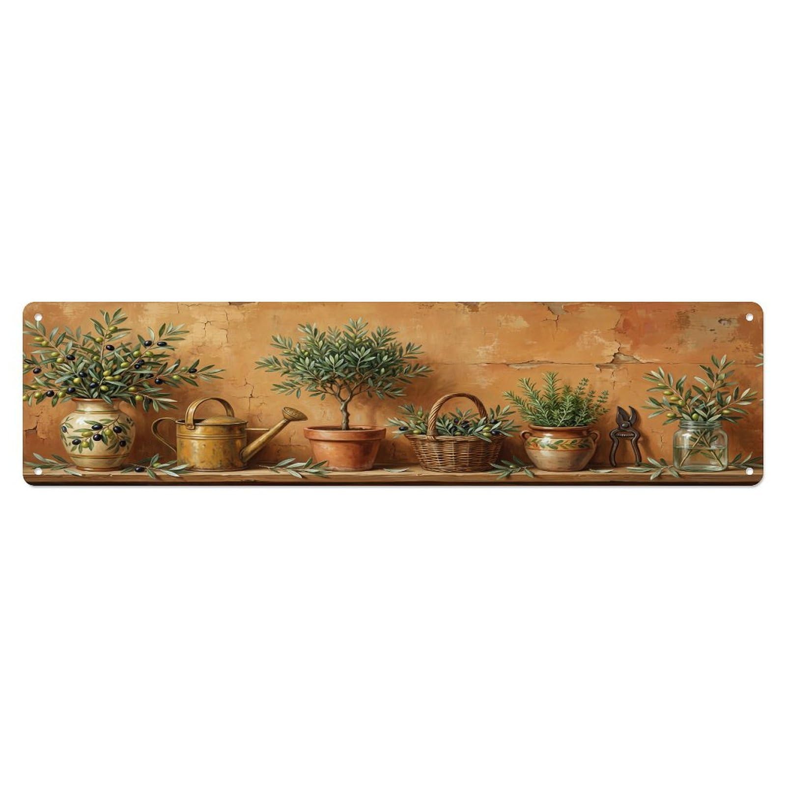 Floral Garden Tools Olive Vase Pattern Print Metal Tin Sign