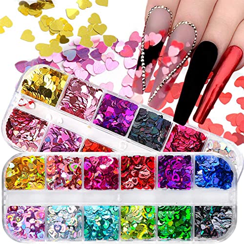 Heart Nail Art Glitter Sequins, 3D Love Heart Nail Flakes Design, Holographic Laser Big Small Hearts Nail Art Supplies For Women Girls Manicure Sparkle Decorations, Diy Body Makeup Kit(2 Boxes) #TOP16