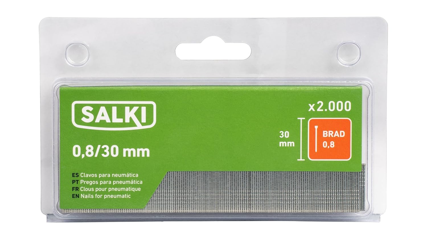SALKI Chiodatrice ad aria compressa CSK PB08 + 2.000 pin 0,8 x 30 mm + 2.000 chiodi brad 0,8 x 30 mm | pistola per unghie ad aria compressa | morsetto per falegnameria e lavorazione del legno