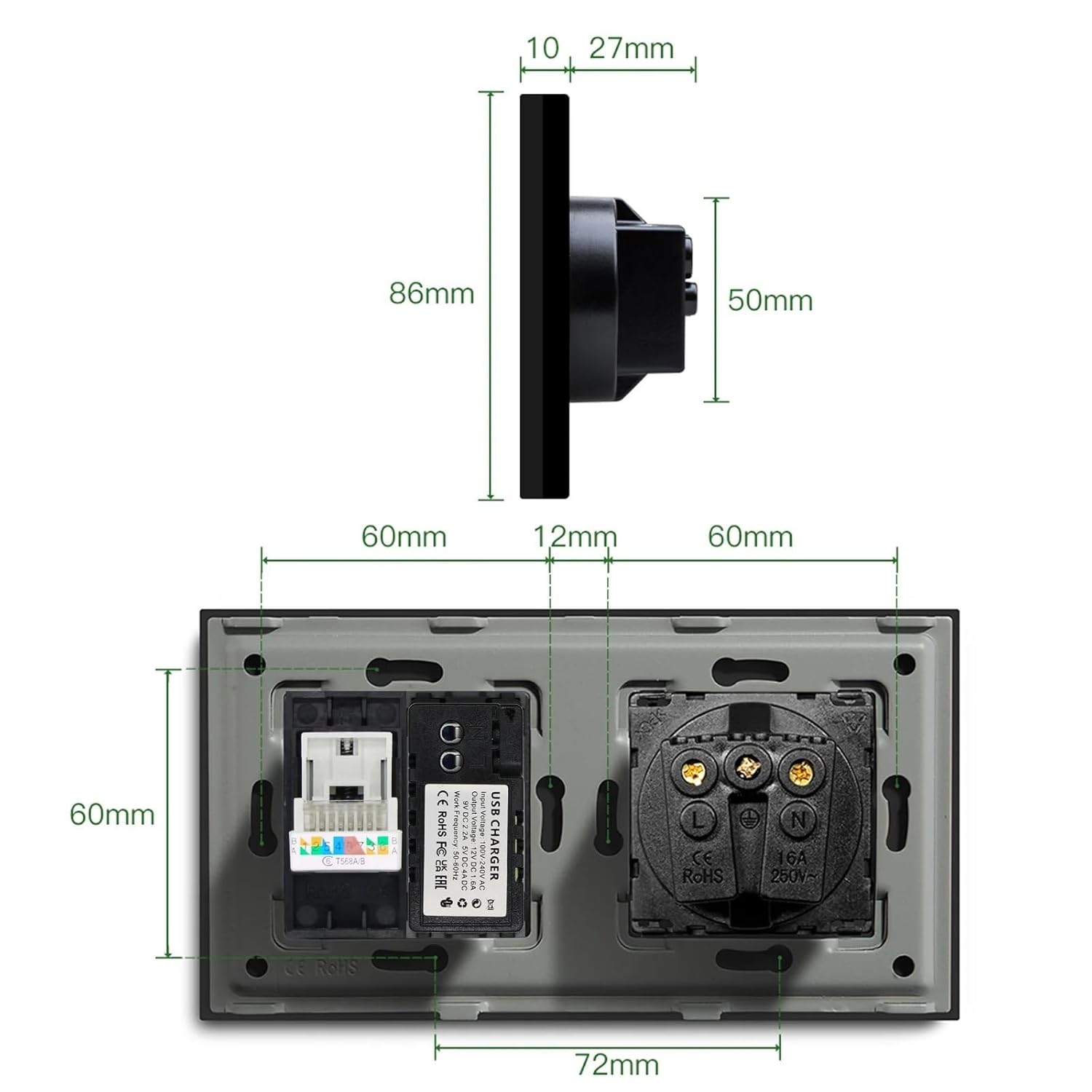 CAT6 Internet USBC Data Computer PC Sockets Plus 20W AC Fast Charging Outlets Wall Power Sockets Glass Frames EU Standard(CAT6 AC White)