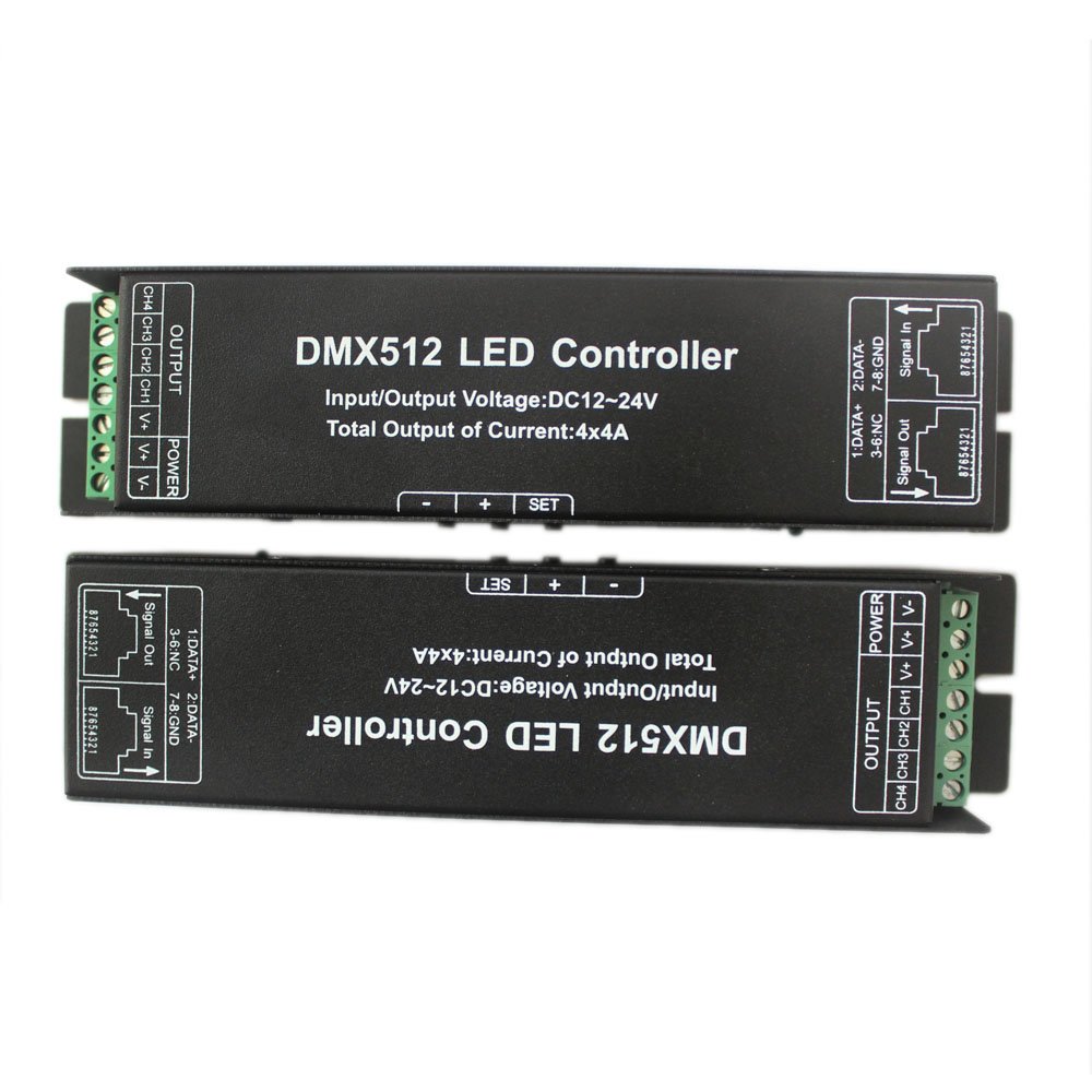 JOYLIT Controlador Decodificador LED DMX512 4CH 16A para Tira LED RGB/RGBW | Pantalla Digital, Compatible con Luces LED de 12/24V, para Iluminación Escénica, Comercial y Municipal