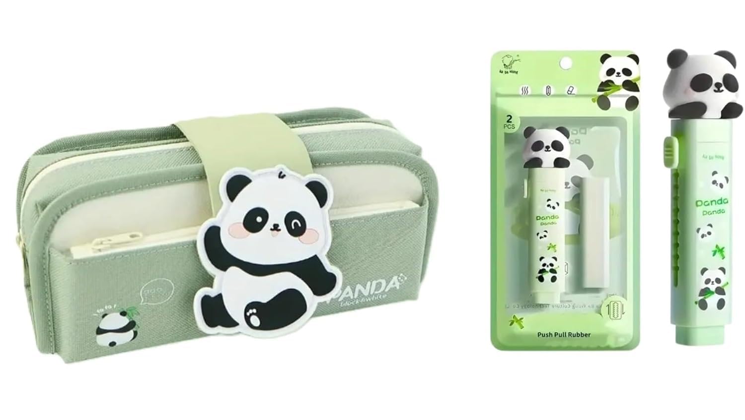 Kawaii Stationery Combo Set for Girls | Kawaii Pencil Case Pouch with Zipper & Push Pull Eraser with Refills Back to School Supplies Gift for Kids (Green Oxford Panda + Eraser)-image-44