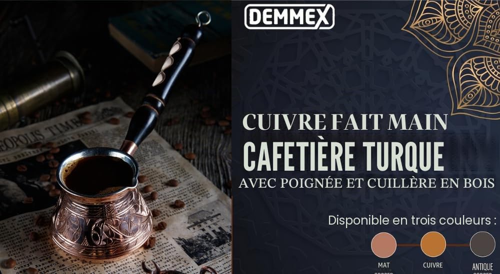 DEMMEX Cafetière Turque Grecque Arabe en Cuivre le Plus Épais, Pot à Café pour Cuisinière, Cezve Ibrik Briki avec Manche en Bois & Cuillère, (Gravé à la Main (270 ml))