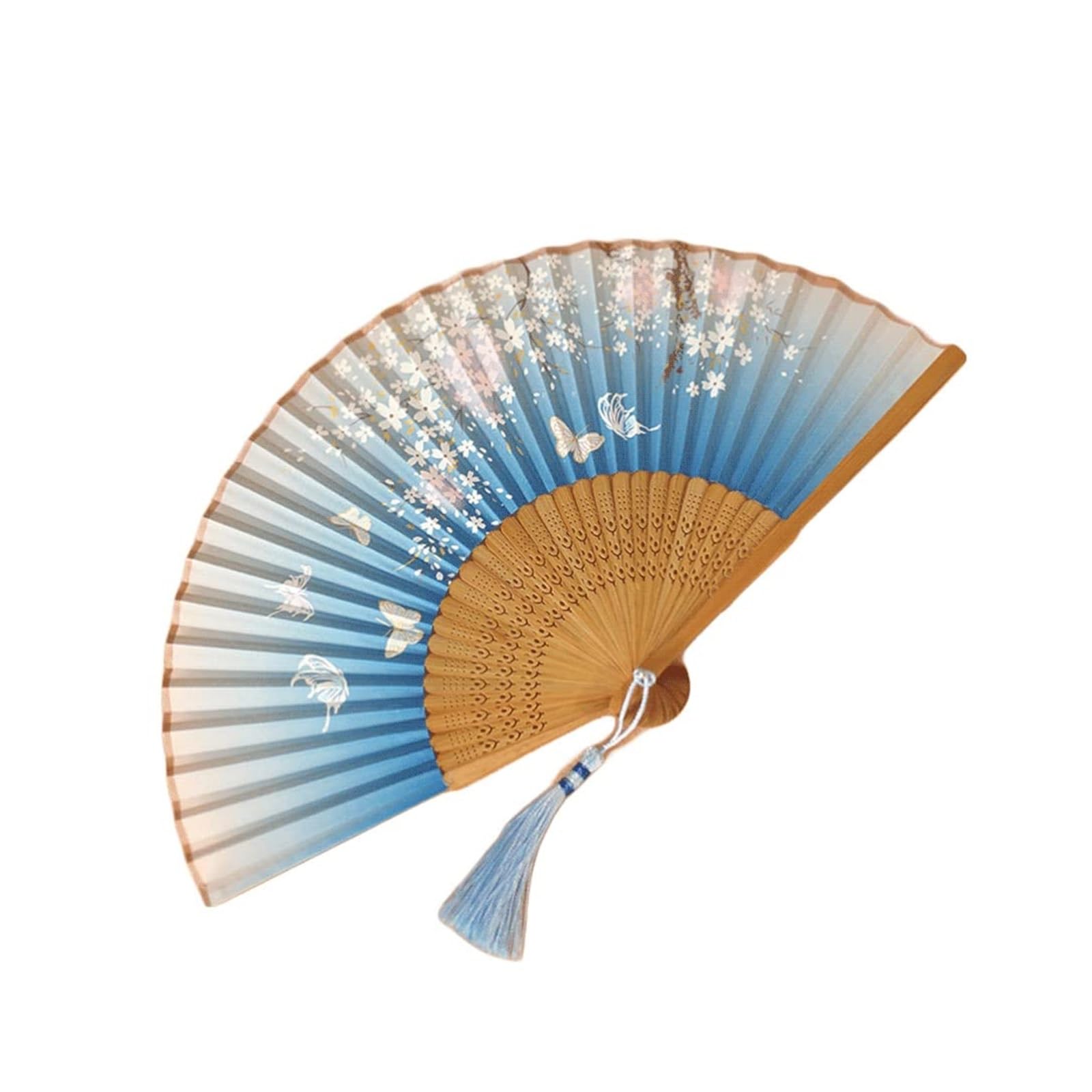Folding Fans Blauw Floral Patterned Hand Fans Hand Held Folding Fans with Tassel Exquisite Patterns Silk Fans Decoration Gifts Decorative(Color:Blauw a) (Blauw D one size)