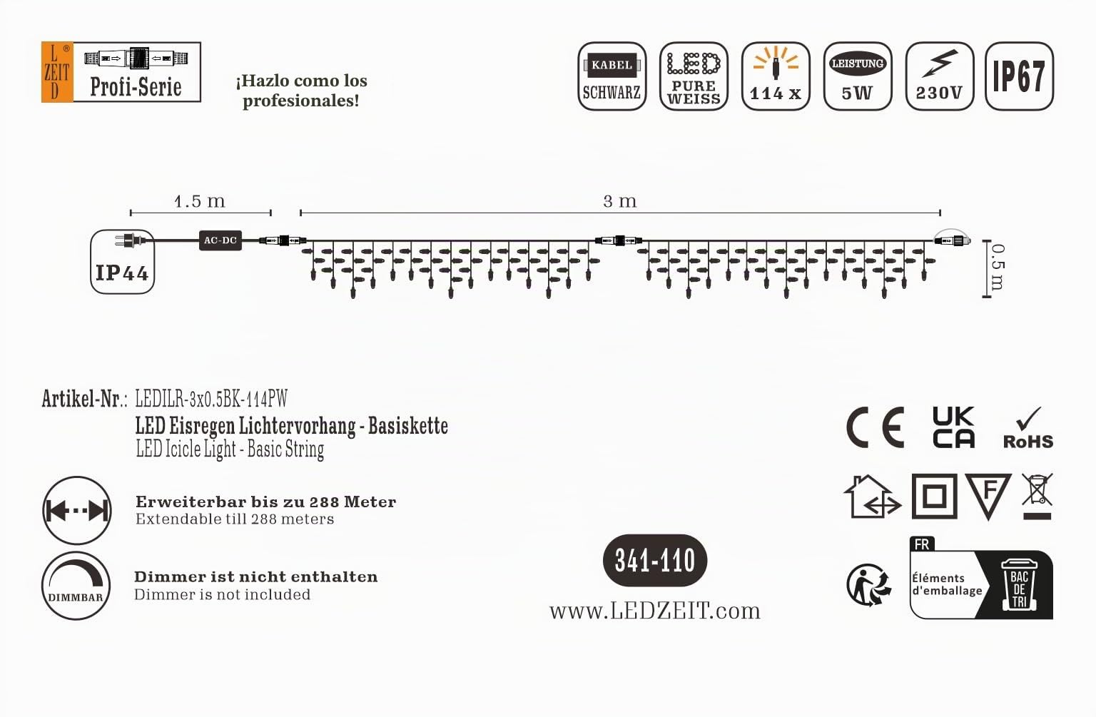 Profi Serie - Estalactitas de Luces LED para exterior, cortina de luz, 3 m x 0,5 m, blanco frío, IP67, con cable de alimentación, extensible, para techo, balcón, jardín, decoración