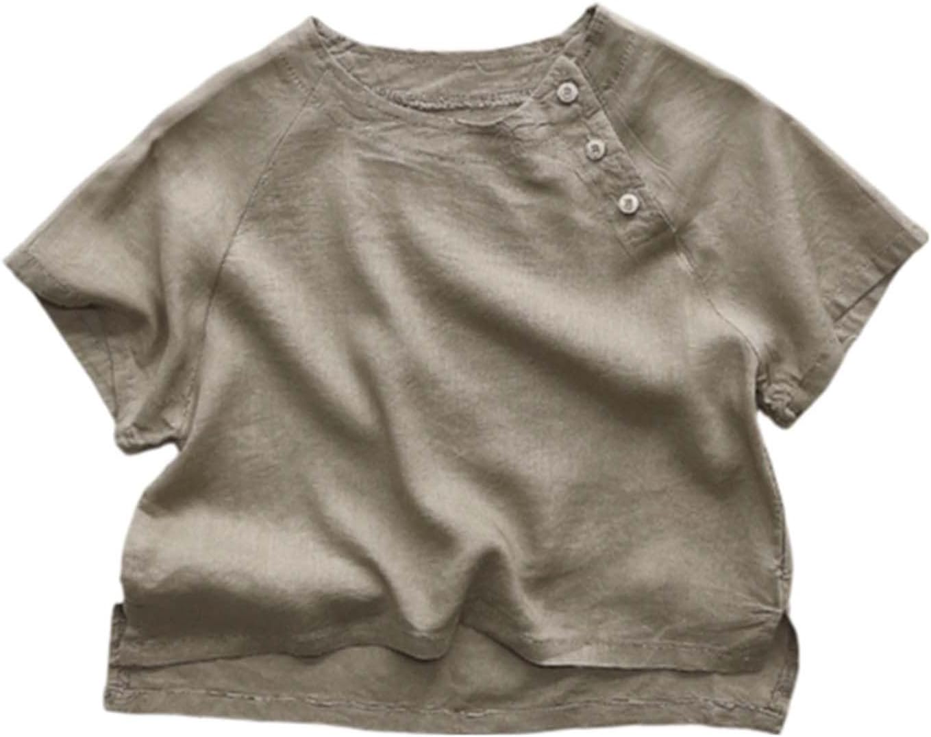 Cotton Tops for Kids Button Up Short Sleeve Shirts Crew Neck Gauze Shirt for Teen Slit Hem Loose Fit Blouses