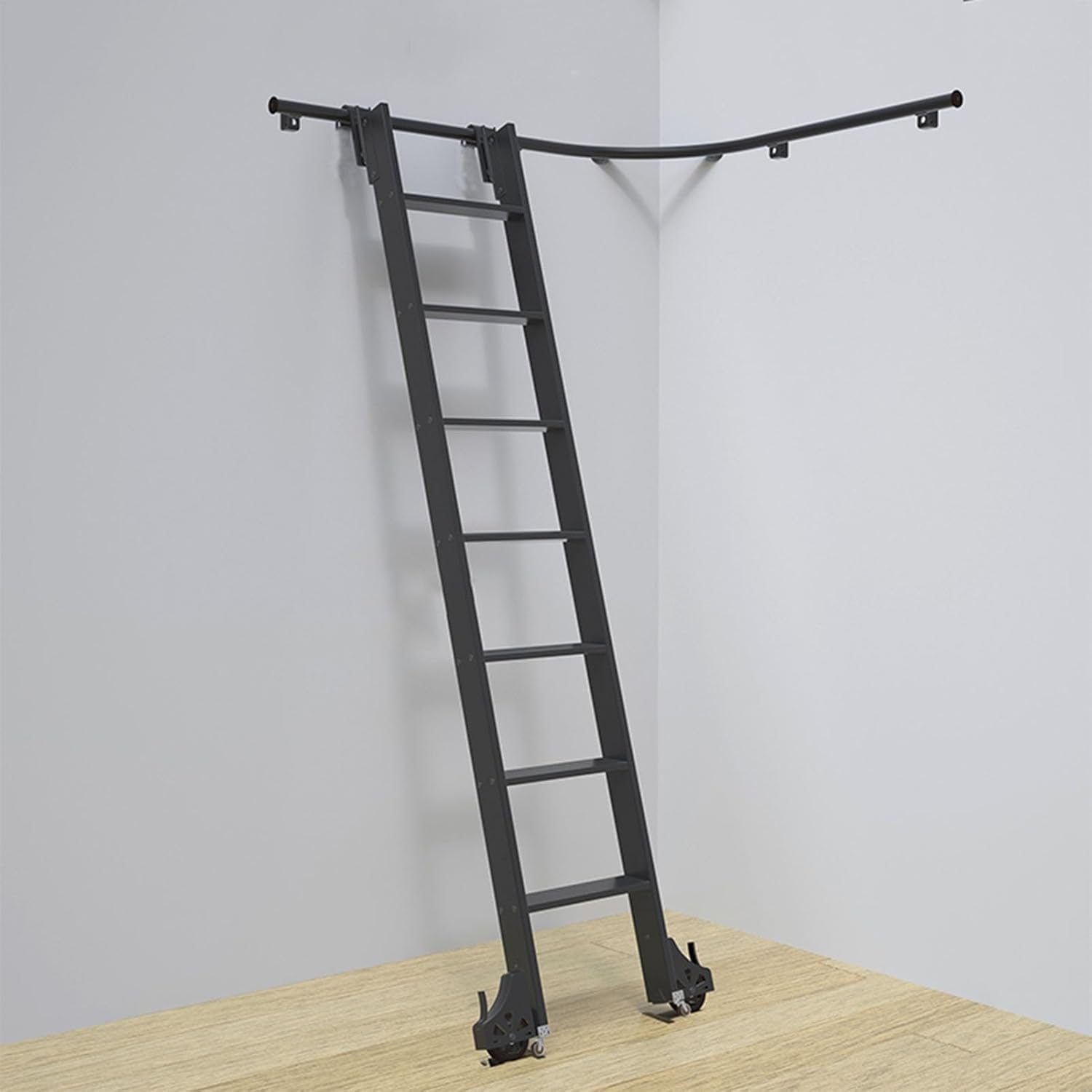 Black Rolling Library Ladder Track KitMetal Ladder & lley System with Floor Roller Wheels Horizontal Wall Mount Hardware 170cm Ladder Size for Stylish Home Décor
