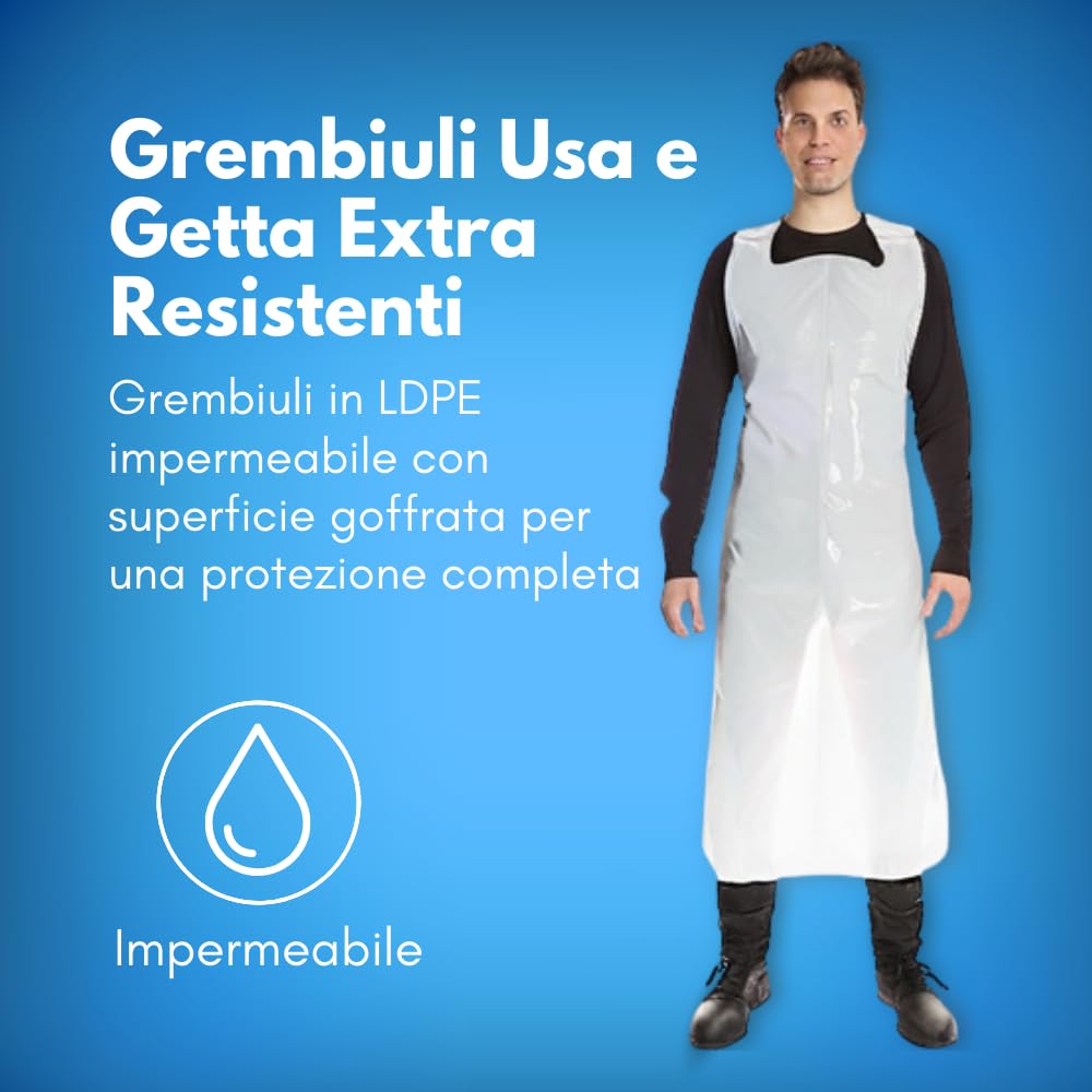 GM Grembiule Monouso in LDPE Bianco 110×70 cm, Impermeabile, Superficie Goffrata, Latex Free, per Cucina e Uso Professionale