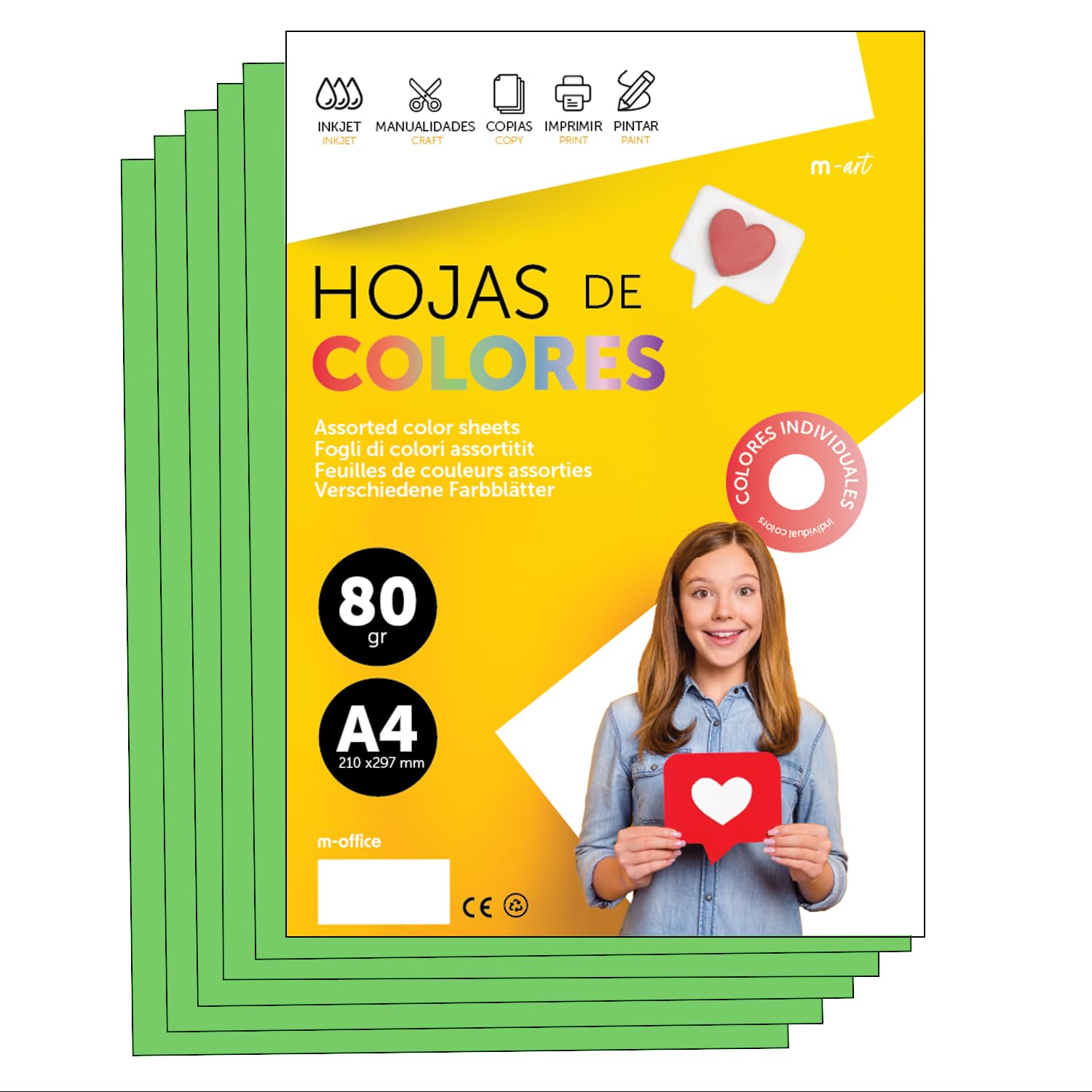 m-Office A3 80 g Coloured Paper for Printers and Crafts, Assorted Paper for Children, Pack of Colours for Cards, School and Creative Projects · m-Office (500h, Green) — image 1