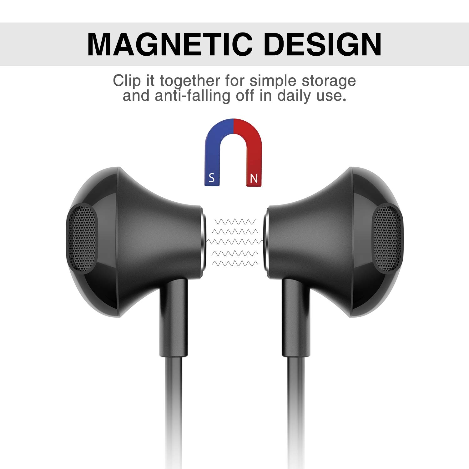 Picun X1 earbuds with magnetic backs shown clipping together for secure storage around the neck.