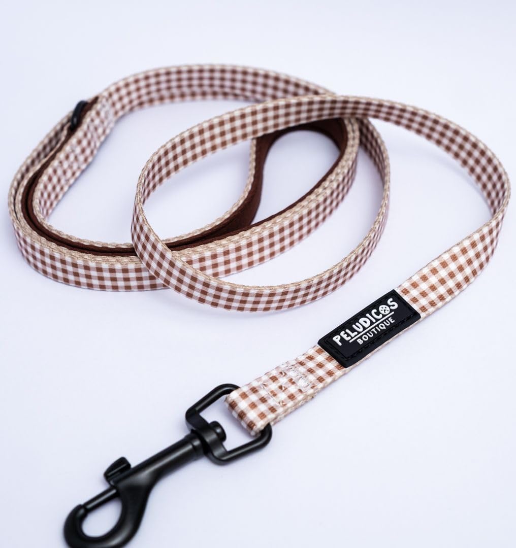 Pack Arnés L y Correa M Mocca para Perro Ajustables de Neopreno – Diseño Vichy, Cómodos y Resistentes – 4 Tallas