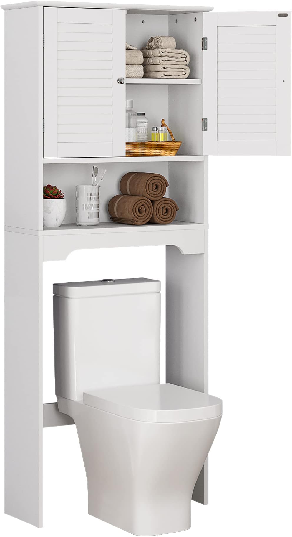 HOMEFORT Bathroom Cabinet, Louvre Étagere Over The Toilet Storage Cabinet, Freestanding Bathroom Spacesaver, Above Toilet Bathroom Shelf Organizer with Double Wood Doors and Adjustable Shelf(White)