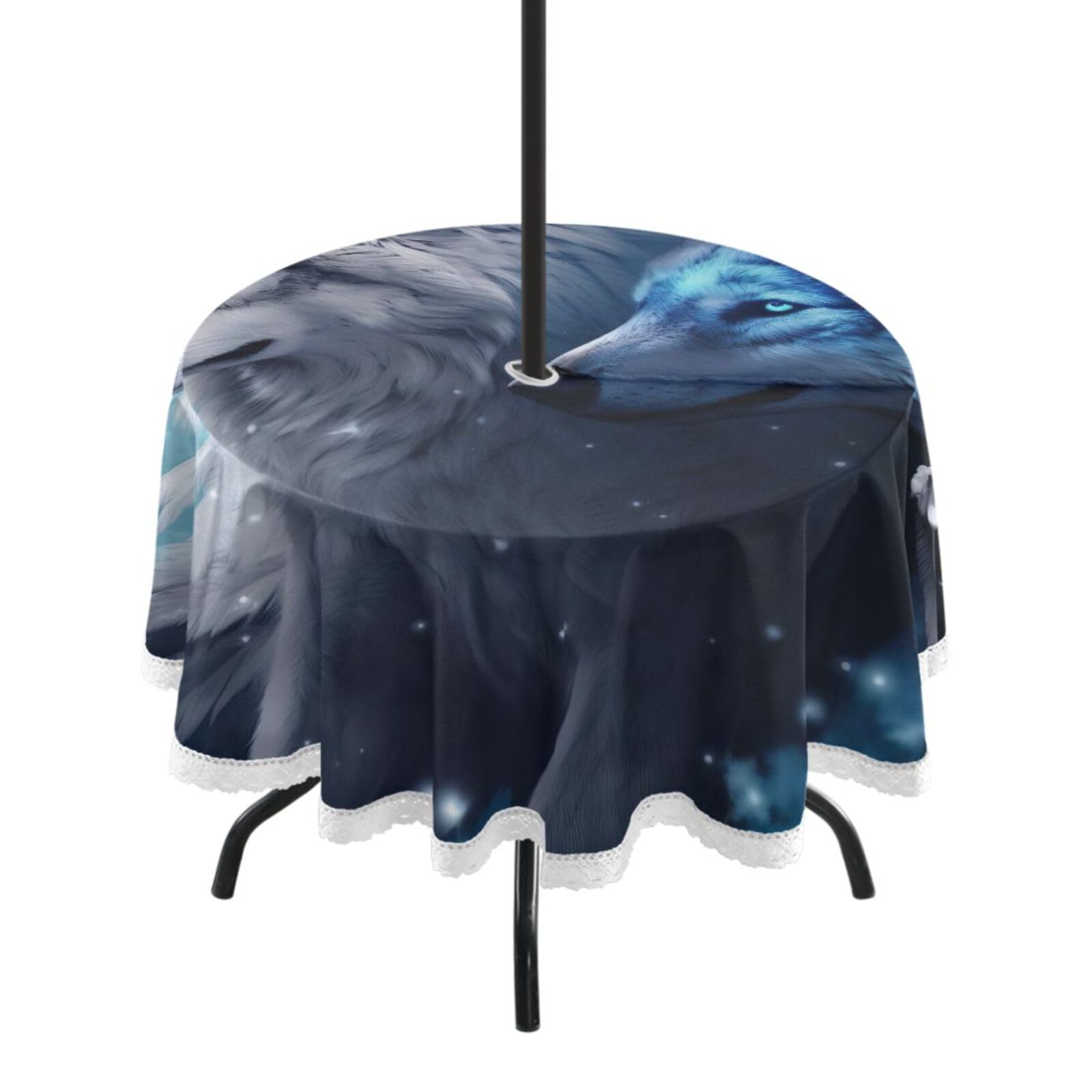 Wajiw 60 Inch Indoor Outdoor Round Tablecloth with Umbrella Hole and Zipper Waterproof Patio Table Cover for Camping Dining Room Party Outdoor Picnic,Wolf