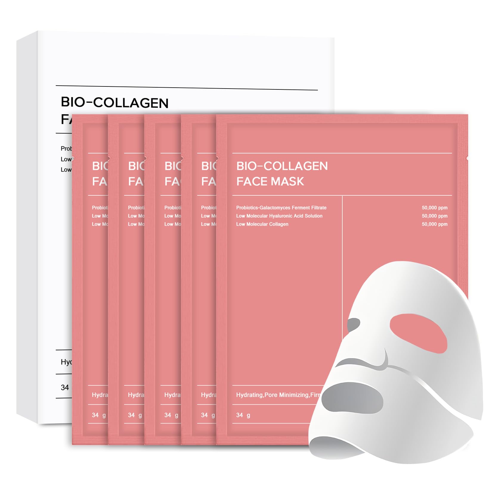 Bio-Kollagen-Maske (5 Stück),Tiefenwirksame Feuchtigkeitsmaske für die Nacht,Anti-Aging,Verkleinert die Poren und Verbessert die Hautelastizität