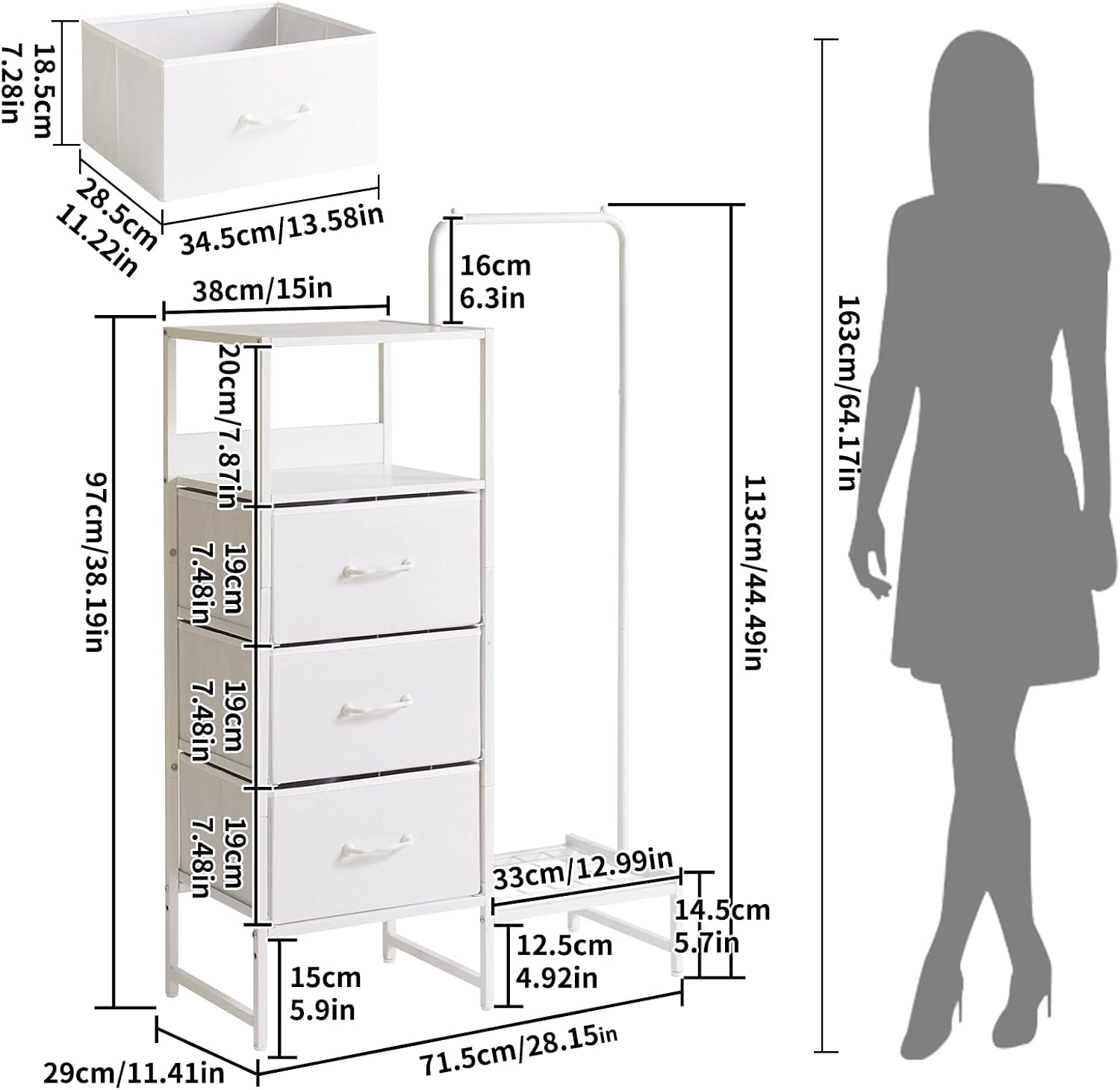 Aibiju Clothes Rack, Garment Rack with Shelves and Hanging Rod, 3 Drawers, Reversible Coat Hanger, White YD-TM081W1