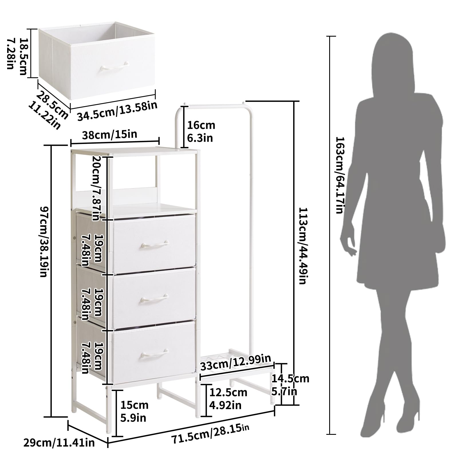 Aibiju Stoffkommode fürs Schlafzimmer, Stoffschubladenschrank mit Regalen und Kleiderstange, wendbarer Kleiderbügel für Flur, Eingangsbereich, Schlafzimmer, Wohnzimmer, Weiß YD-TM081W