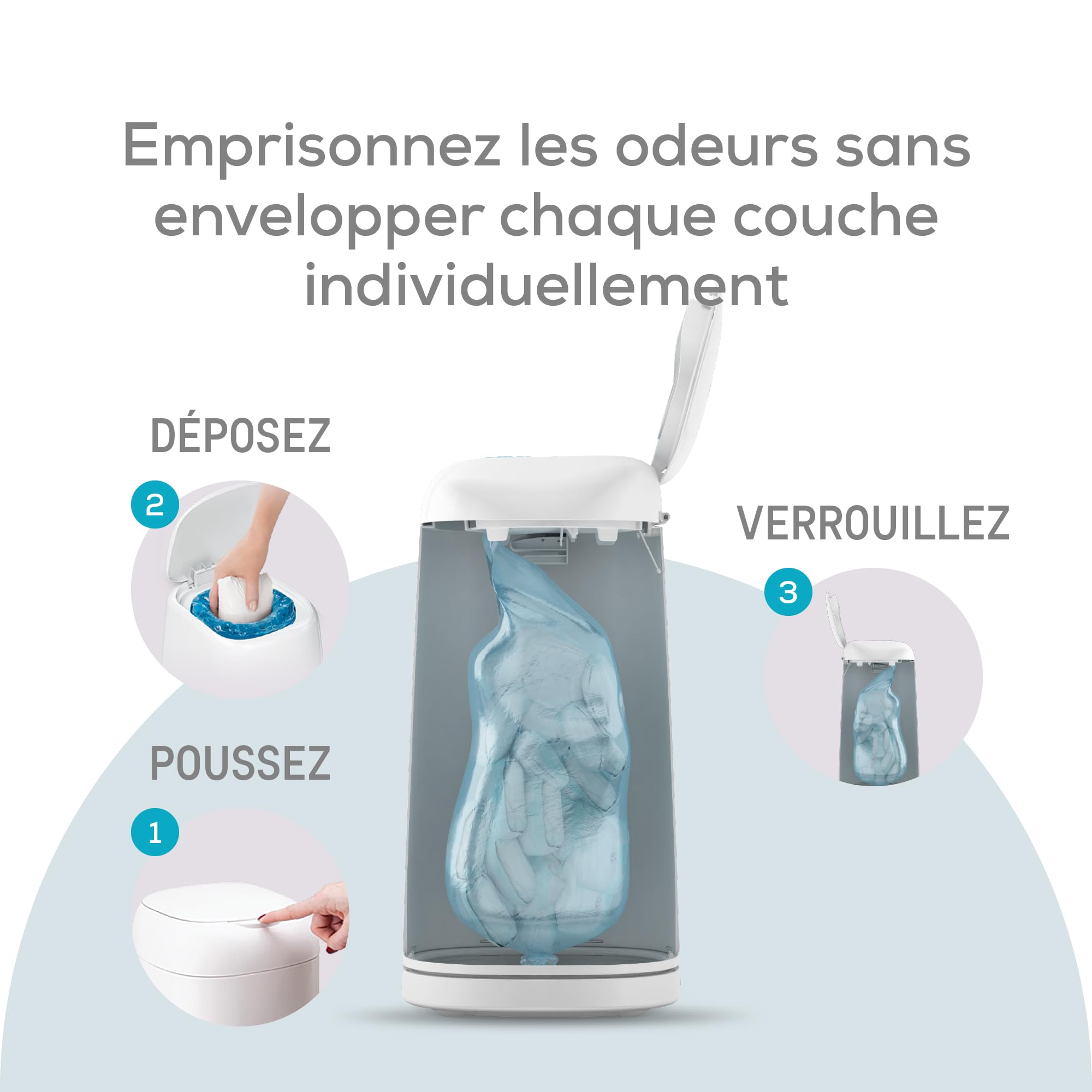Angelcare Poubelle à Couches + 3 Recharges Anti Odeurs/Grande Capacité Antibactérien Usage Simple Dress Up, Blanc