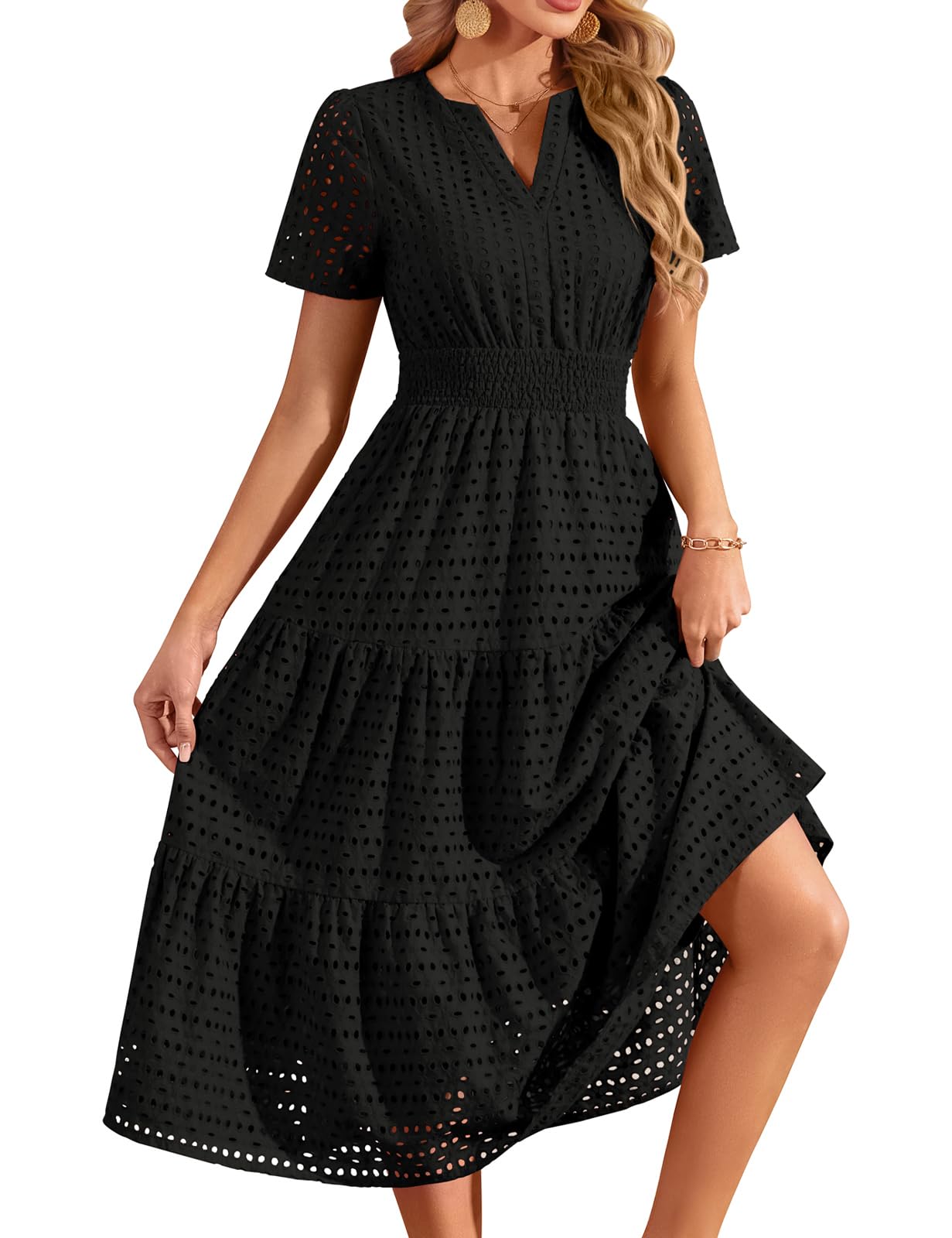heekpek Sommerkleid Damen Lang A Linien Kleid Elegant V-Ausschnitt Luftige Sommerkleider Kurzarm Midikleid Hoher Taille Strandkleid Tunika Kleid mit Taschen