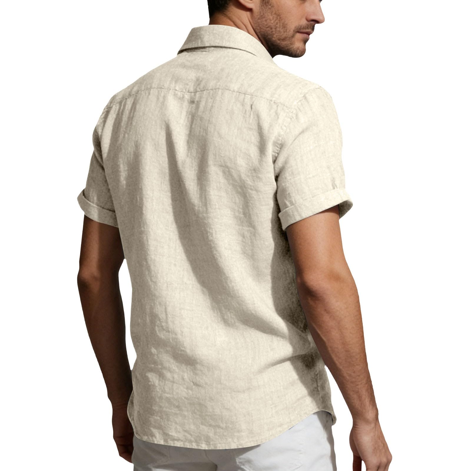 Generico Camicia Uomo in Lino Texturizzato con Bottoni E Tasche, Maniche Corte Estive Ideale per Vacanze al Mare E Uscite Casual
