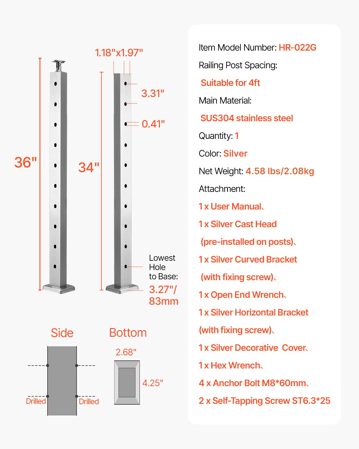 VEVOR Level Drilled Cable Railing Post, 10 Holes, 36x1x2 Inches Stainless Steel Cable Railing System Kit for Indoor Outdoor Deck Balcony, 1 Pack, Silver, Product ID 1JZLGZXYS914I4BDB001V0