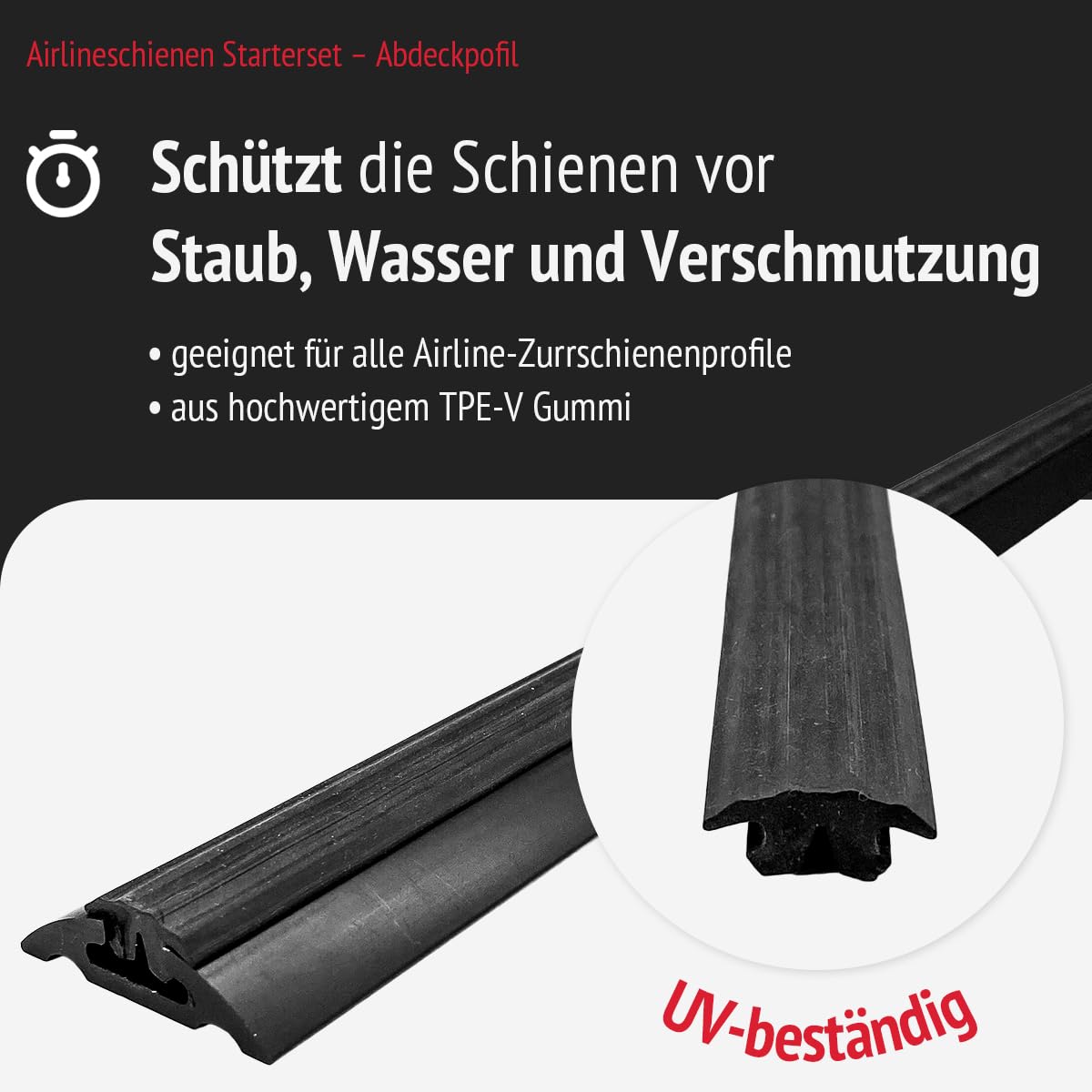 Airlineschienen mit Endkappen, Fittingen und Abdeckprofile | 1.000 mm, schwarz KTL-beschichtet, gebohrt, Halbrund, 50 x 11,5 mm | Zurrschiene | für Transporter, Wohnwagen, (Starterset 1.4)