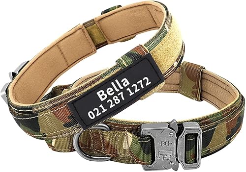 Collar táctico militar personalizado para perro con asa, etiquetas de nombre de mascotas personalizadas para perros medianos y grandes para