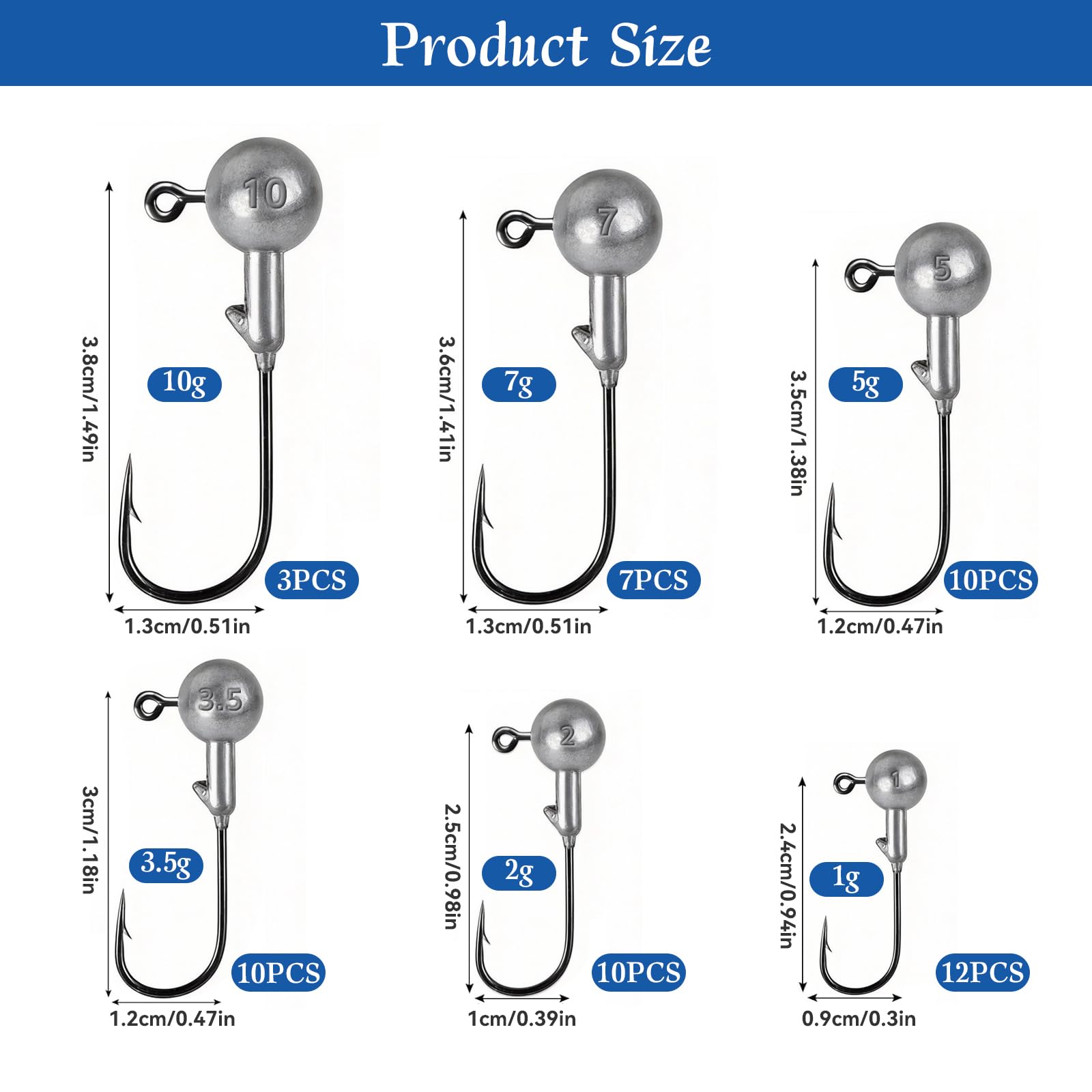 Anzuelos de Pescas Set, 52 Piezas Unidades Anzuelos con Round Jighead 6 Tamaños (1g/2g/3,5g/5g/7g/10g), Jigköpfe Angelhaken para el Cebo Suave, Pesca de Trucha de Lubina