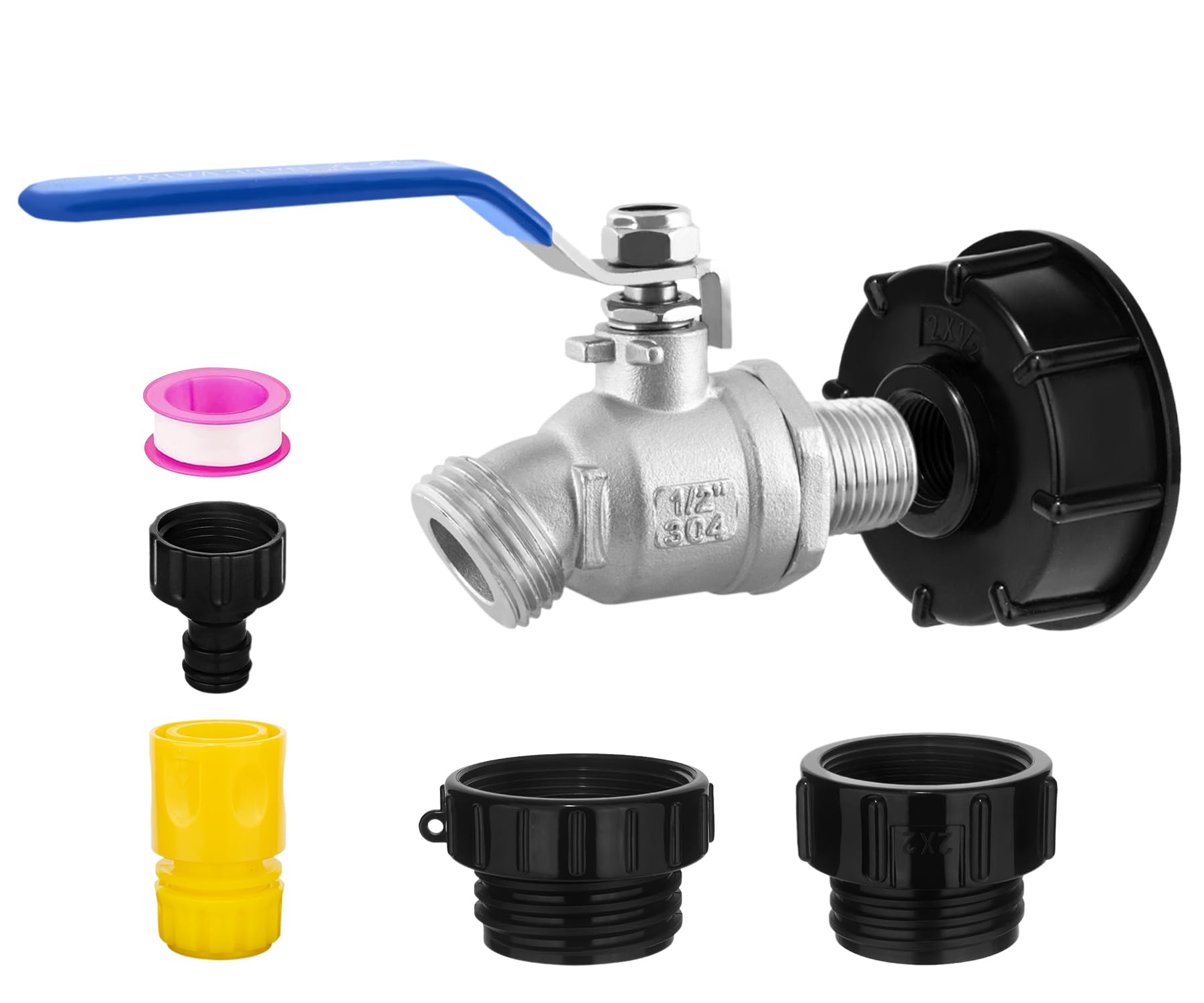 IBC Tote Adapter 275-330 Gallon IBC Tote Tank Fittings High Flow 304 Lead-Free Compliant Stainless Steel 1/2"NPT×3/4"GHT Outlet Garden Hose Faucet with 2.44" Fine, 2" Fine and 2" Coarse Thread Adapter