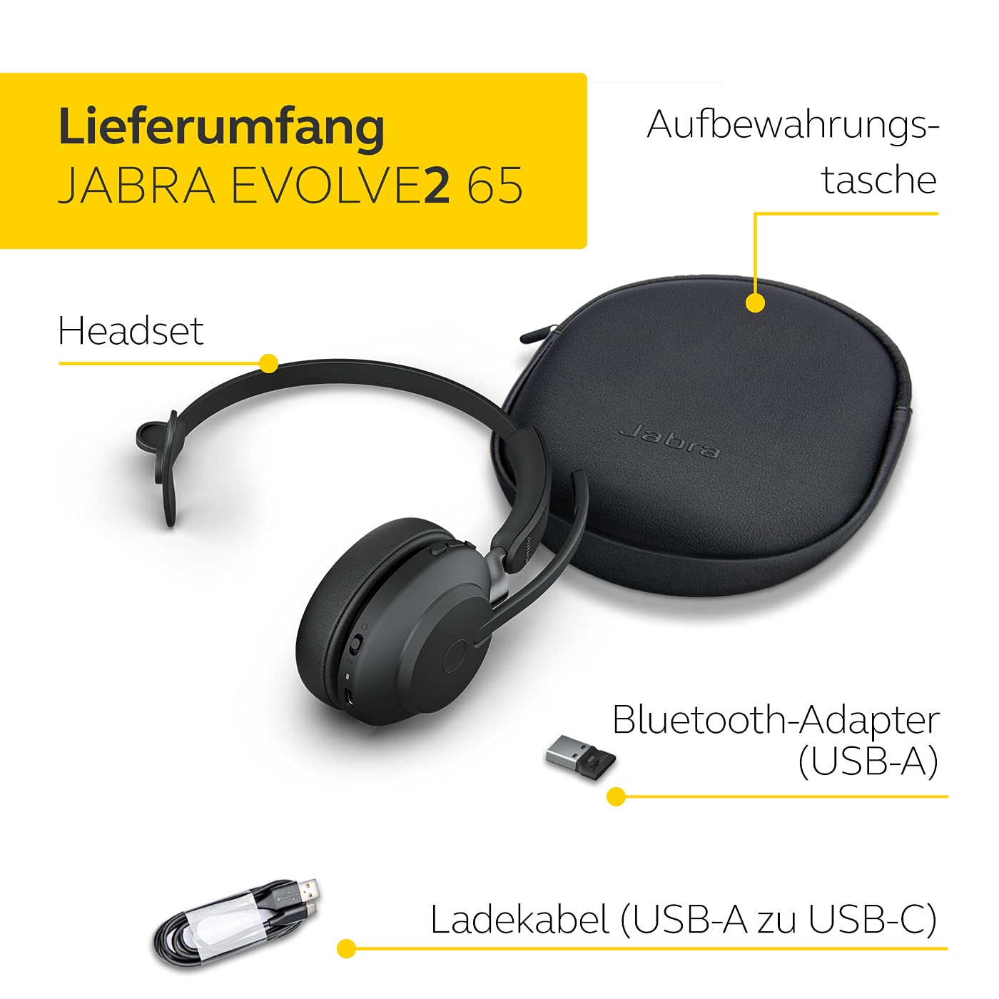 Jabra Evolve2 65 Wireless PC Headset – Noise Cancelling UC Certified Mono Headphones with Long-Lasting Battery – USB-A Bluetooth Adapter – Black