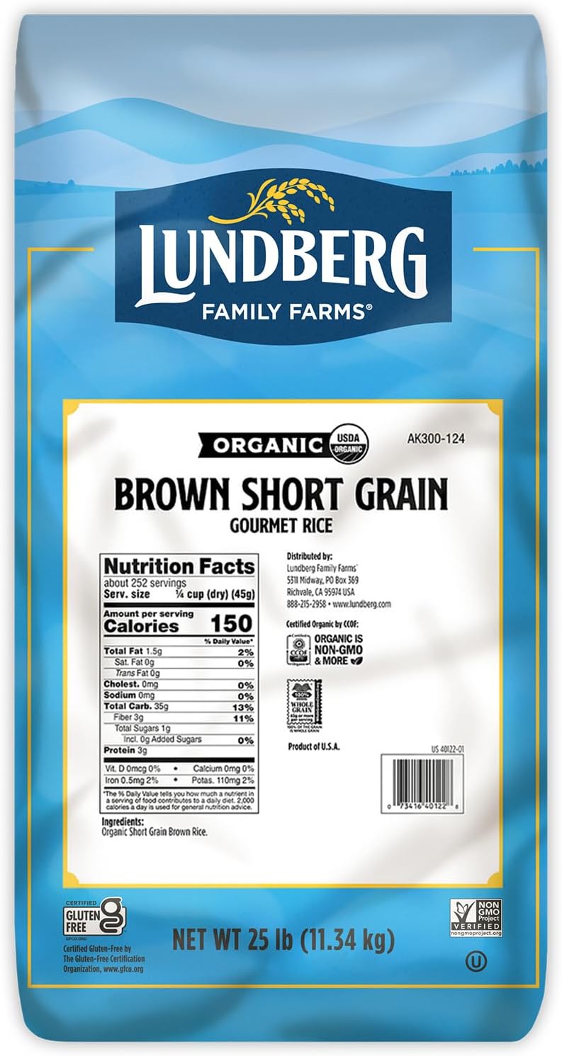 Organic Brown Rice, Short Grain - Whole Grain Rice that Clings Together When Cooked, Subtle Nutty Flavor, Healthy Food, Vegan, Pantry Staples, Organic Rice Grown in California, 25 Lbs