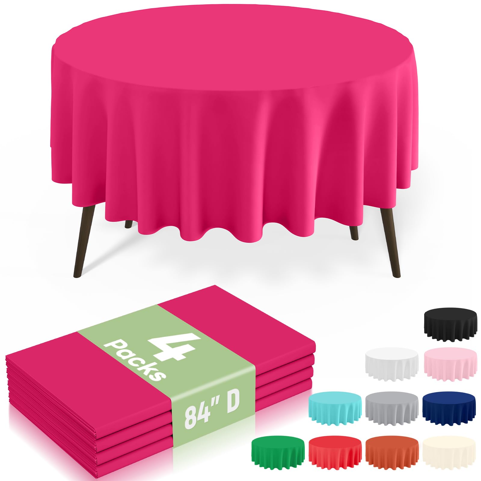 misaya 4 Packs Disposable Plastic Table Cloth, 84" Round Waterproof Tablecloth, Leakproof &amp; Sturdy Decorative Table Covers for Picnic, Party, Outdoor and Back to School, Hot Pink