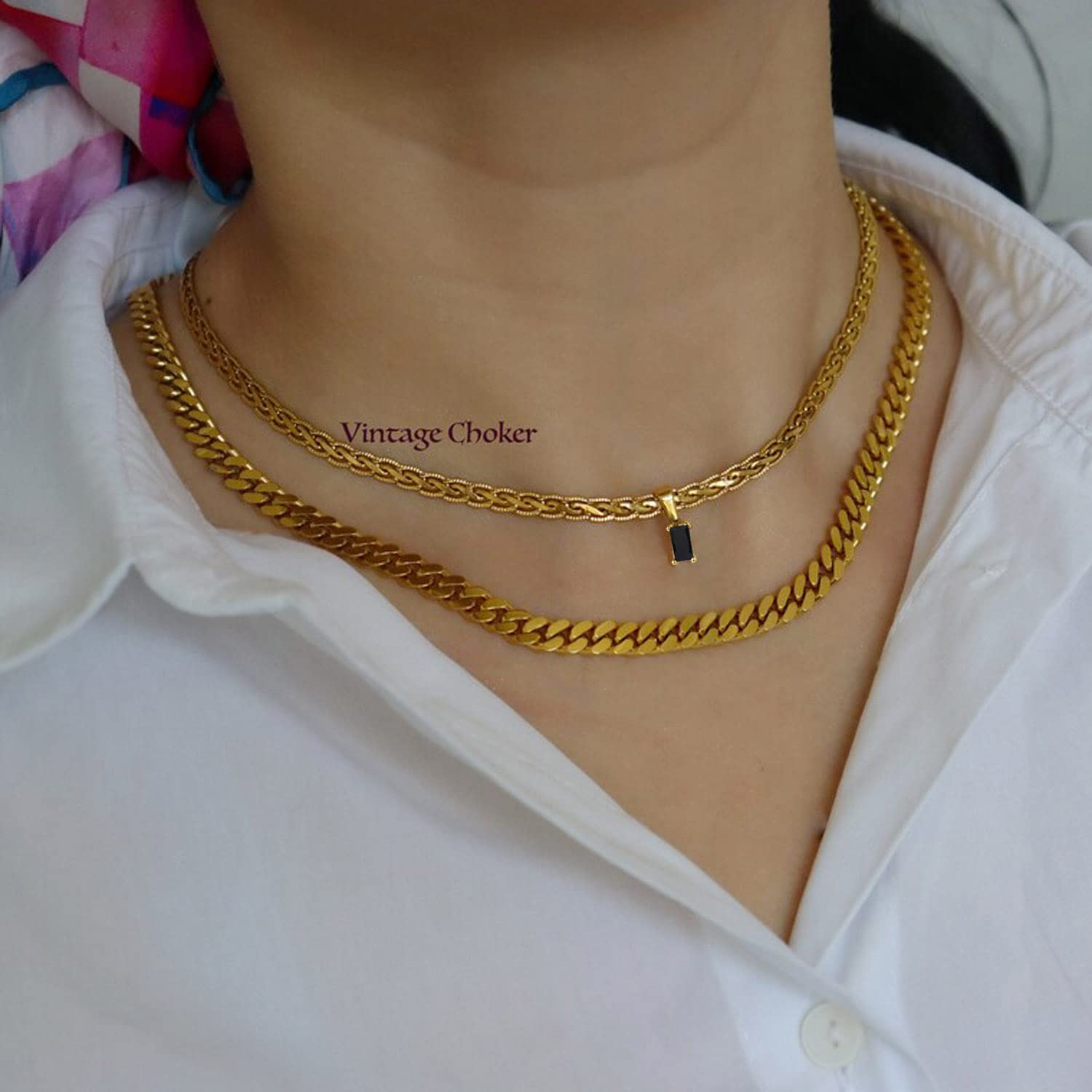 18k Gold gefüllt Vintage Choker S für Frauen wasserdichte Goldhalshöre Anti -Turner Edelstein -Zirkon -Rechteck -Anhänger
