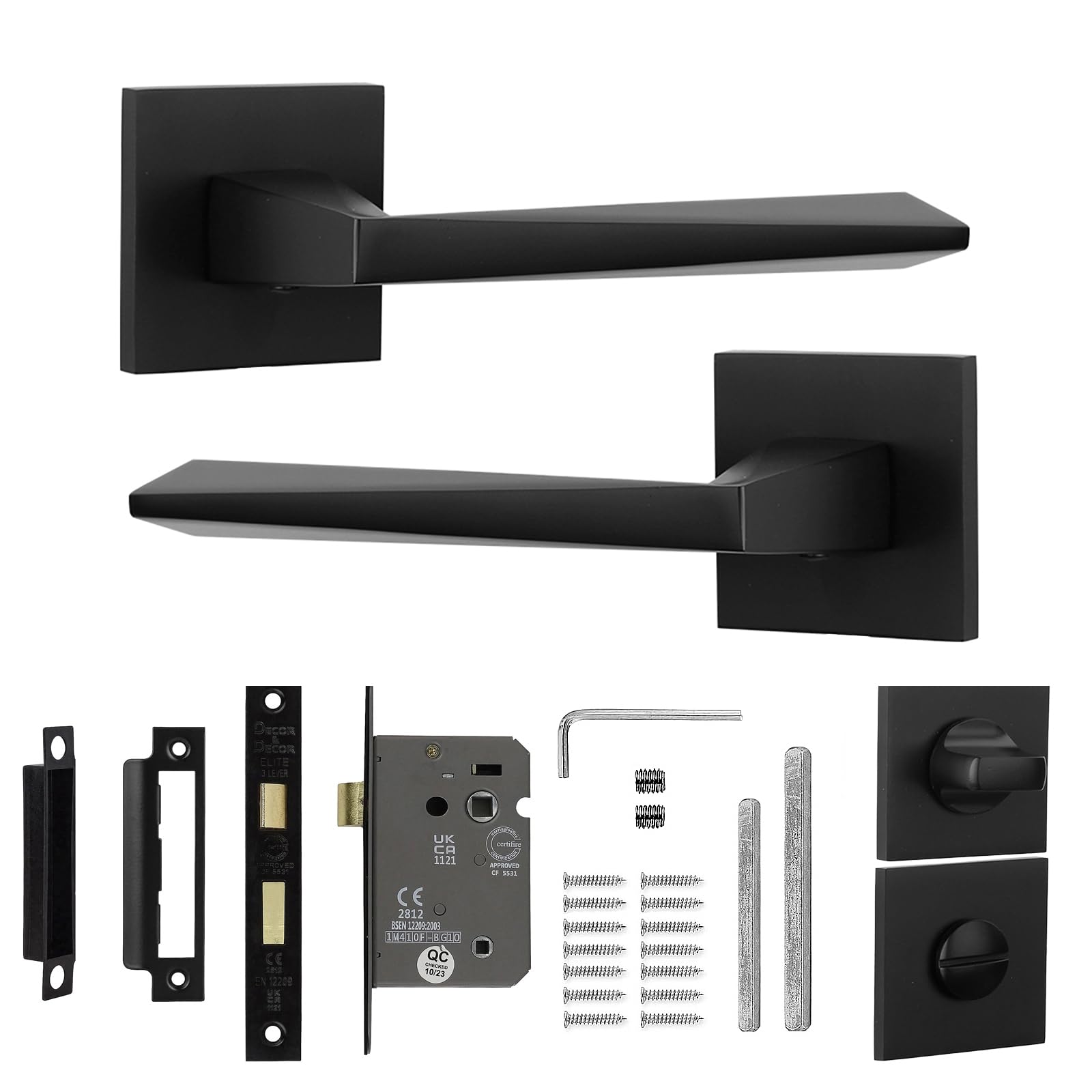 Decoranddecor Leda Matt Black Internal Door Handles – Aluminium Handle Sets with Bathroom Door Lock and Turn Release – Elegant and Durable Design for Wooden Interior Doors in Homes and Offices