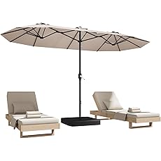 15FT Rectangular Patio Umbrella with Solar Lights & Base Included - Large Patio Umbrella with Crank Handle, UV Protection for Outdoor Market, Backyard, Pool - Beige
